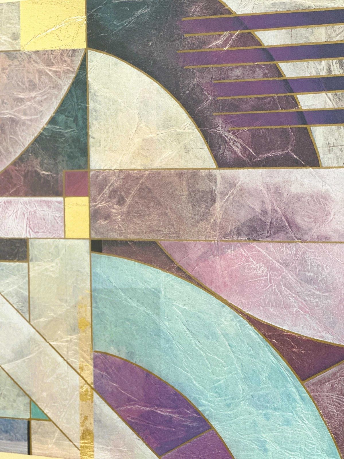 Pair Of Large Richard Hall Geometric Abstract Mixed Media Lithographs With Gold Leaf, 1980s photo vintage