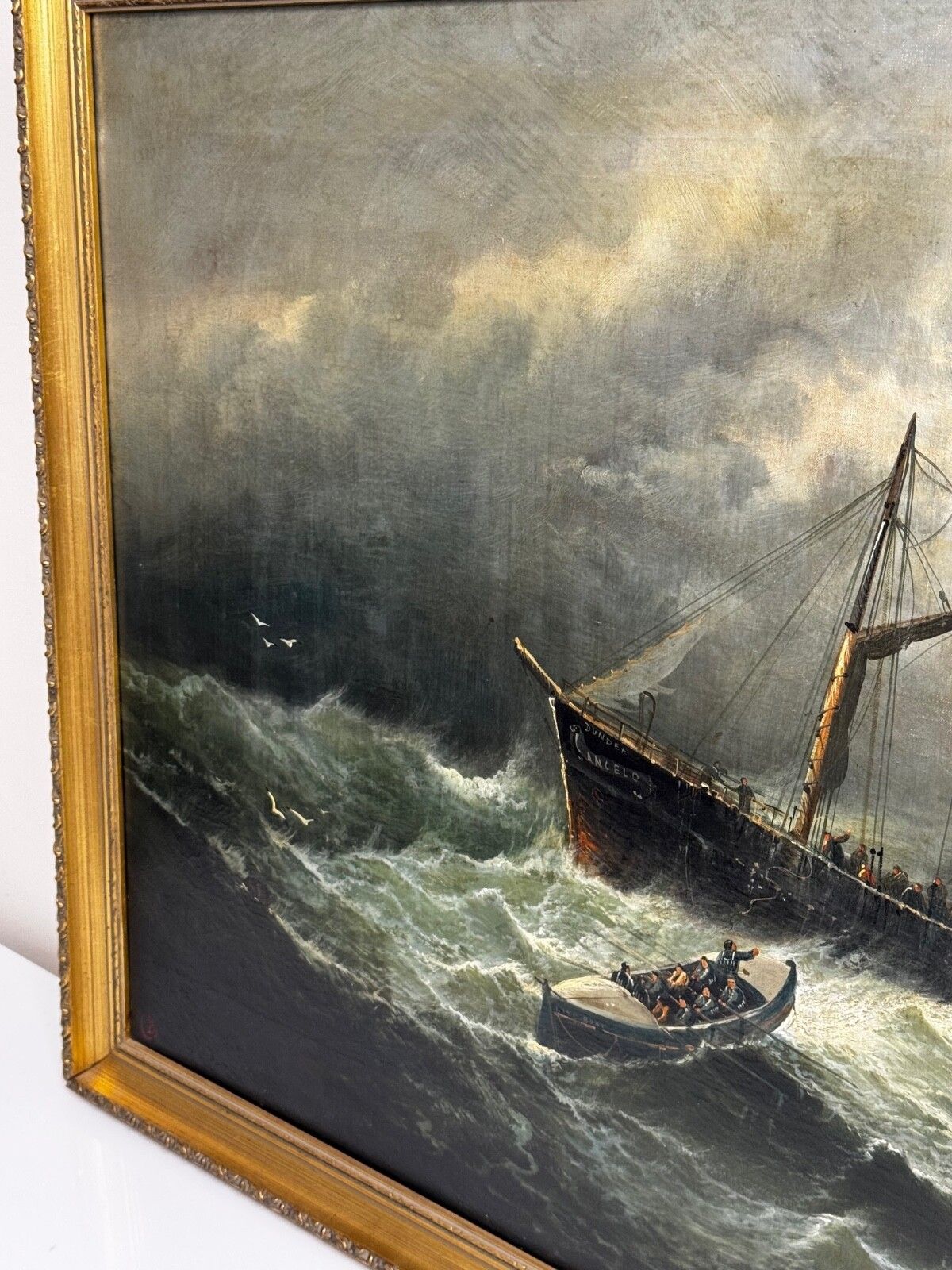 photo vinterior Groot Victoriaans maritiem olieschilderij William Broome Dundee Ship RNLI Rescue ca. 1890