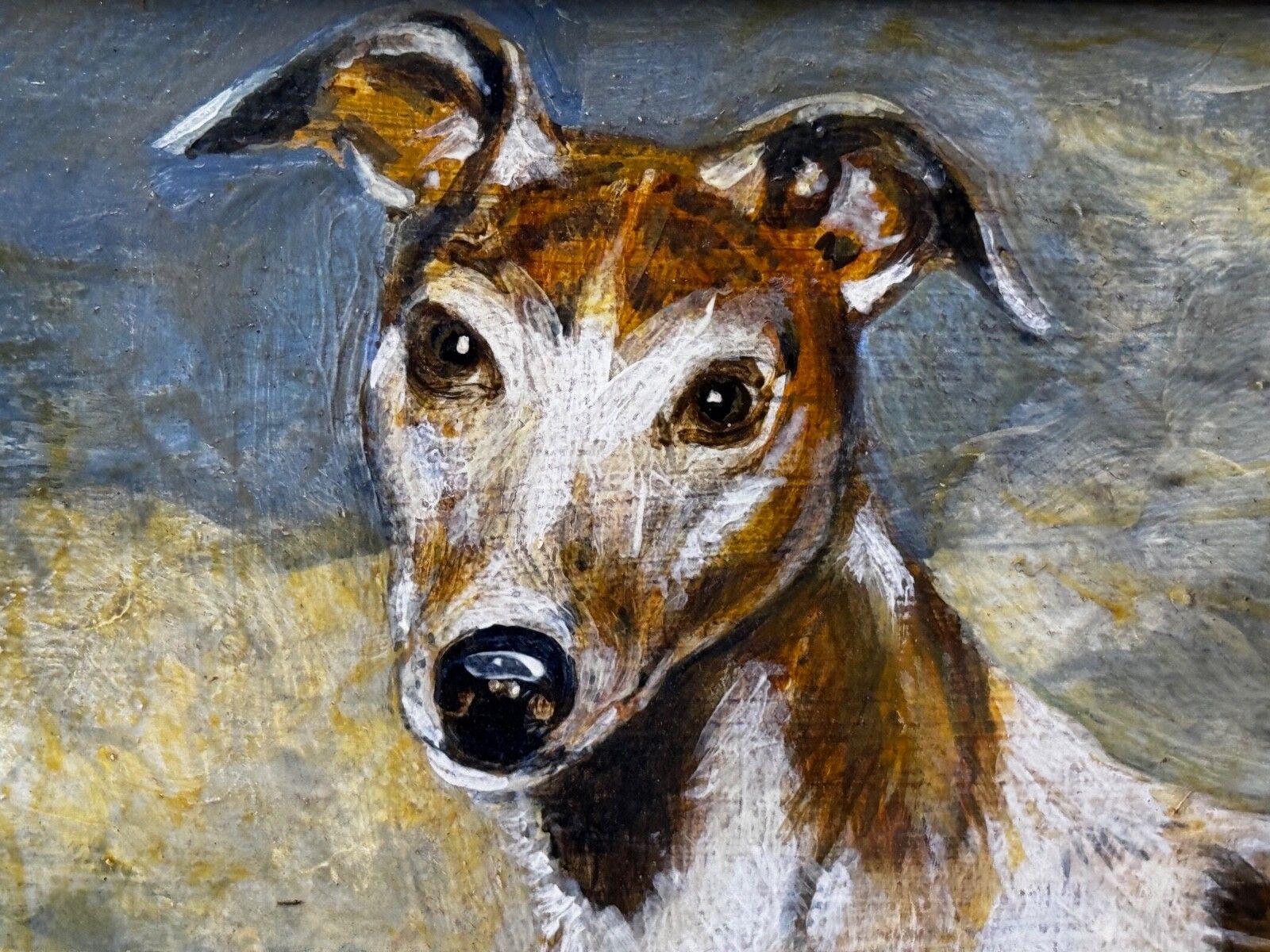 Antiek Brits olieverfschilderij van een lurcher/greyhound, gesigneerd J. Warnes, ca. 1910 photo for sale