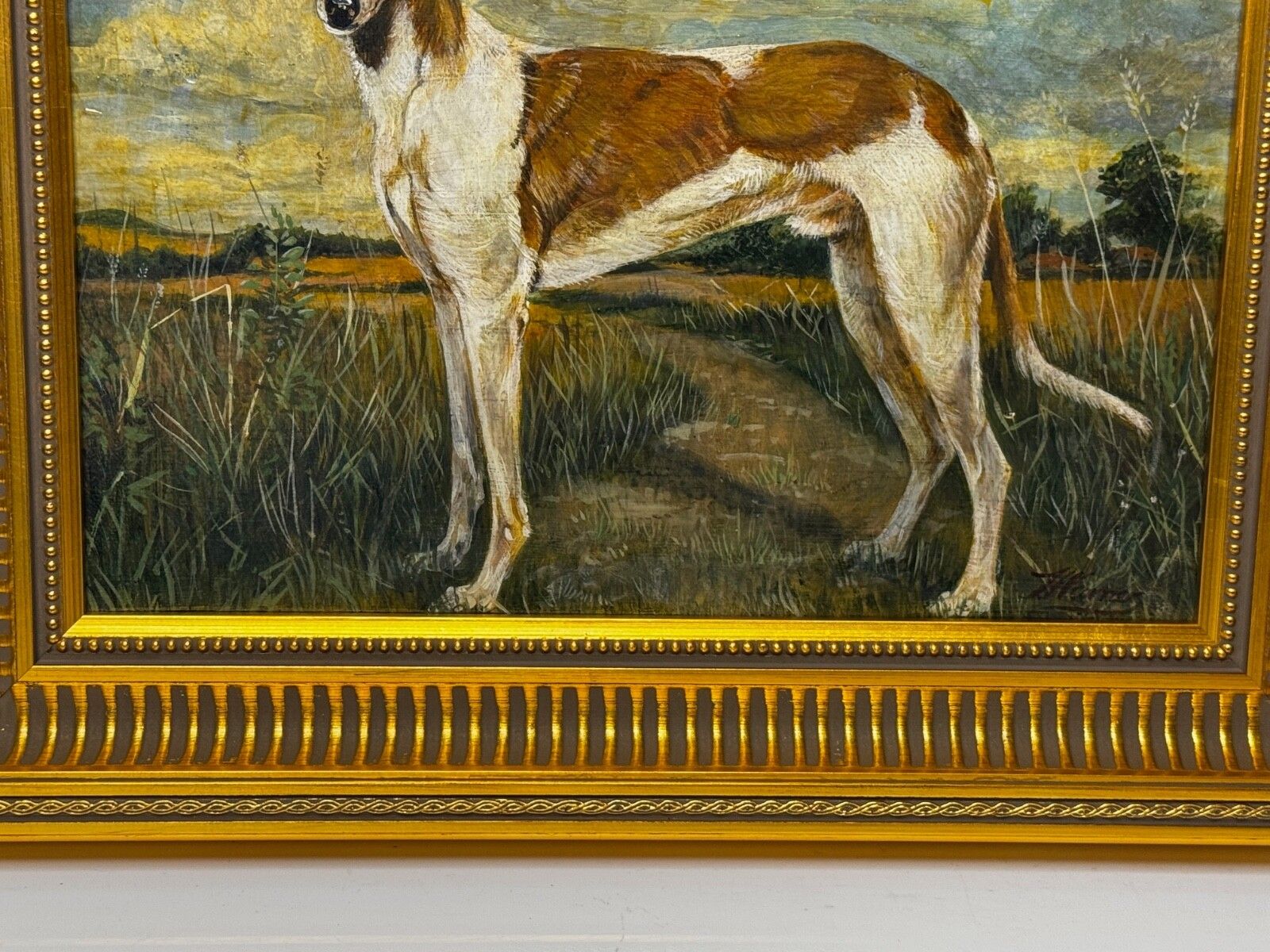 Antiek Brits olieverfschilderij van een lurcher/greyhound, gesigneerd J. Warnes, ca. 1910 photo vinterior