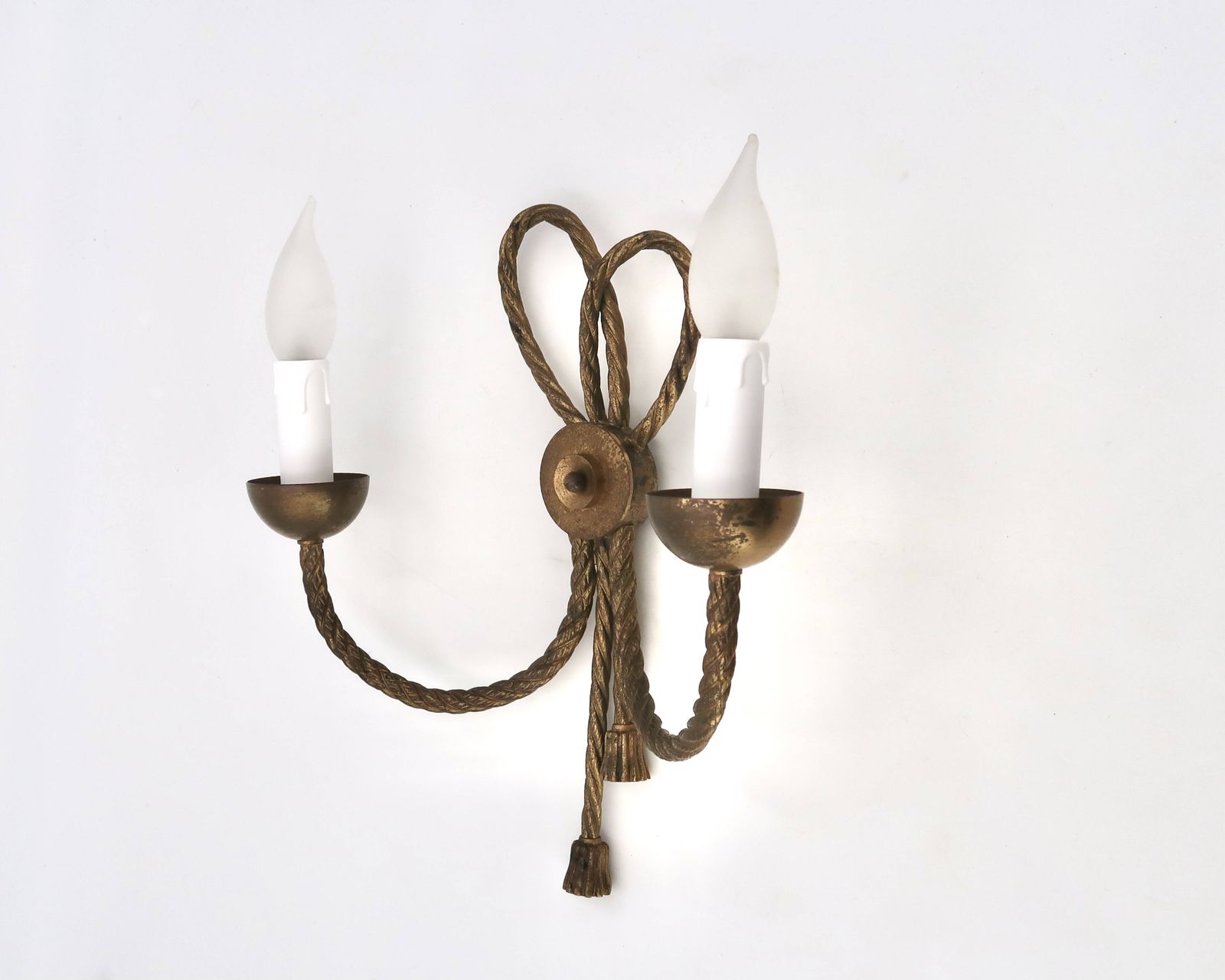 Golden Wall Lamp With Two Arms, Decorated With A Twisted Rope Bow, 1950s. photo furniture