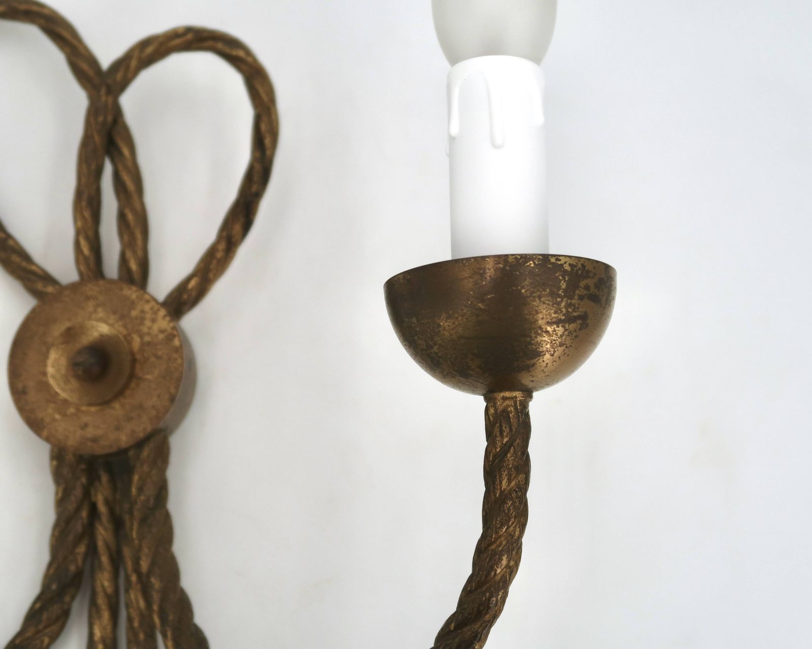 Golden Wall Lamp With Two Arms, Decorated With A Twisted Rope Bow, 1950s. photo vinterior