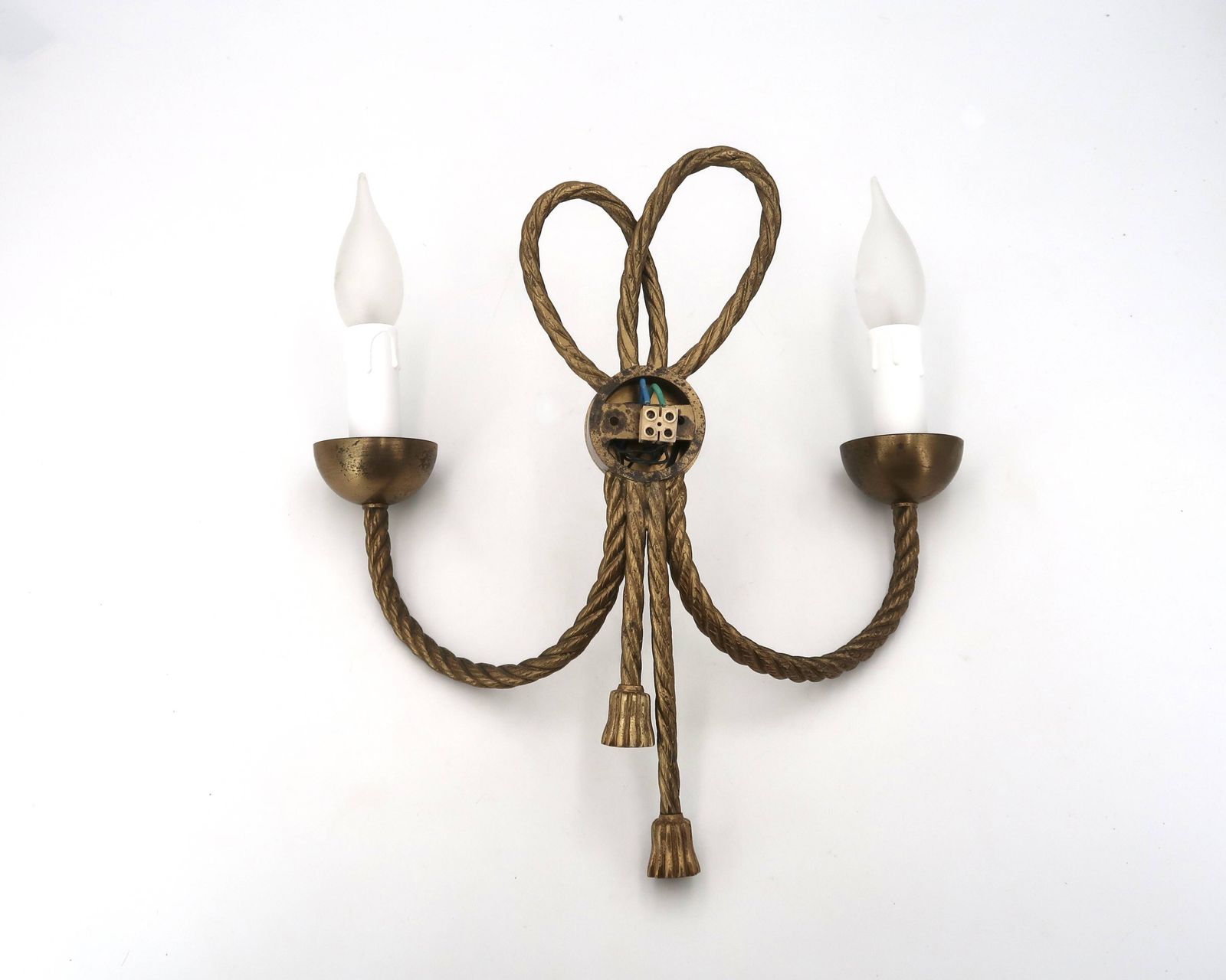 Golden Wall Lamp With Two Arms, Decorated With A Twisted Rope Bow, 1950s. photo vintage