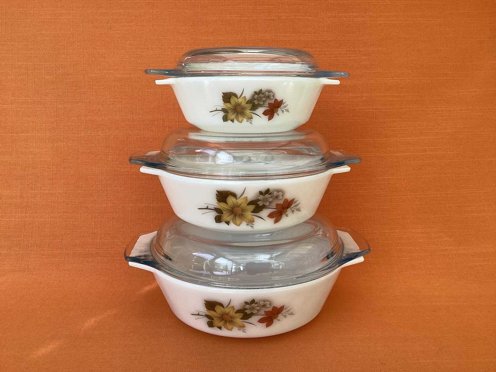 Woonaccessoires Set van 3 Jaj Pyrex Autumn Glory ovenschalen met deksels, oplopende maten photo