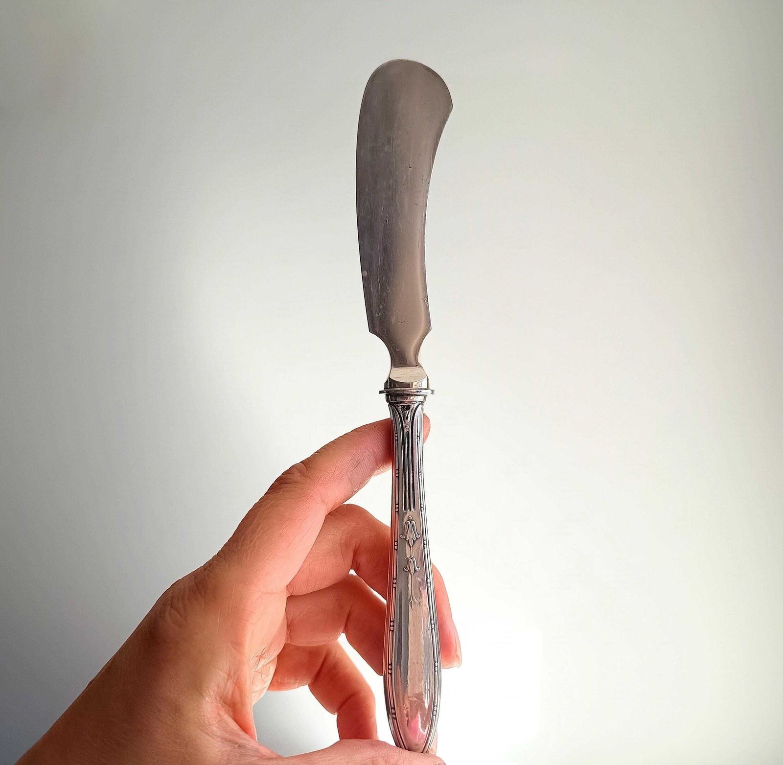 photo buy Antique English Silver Plated Wooden Cheese / Charcuterie Board & 800 Silver Handled Spreader