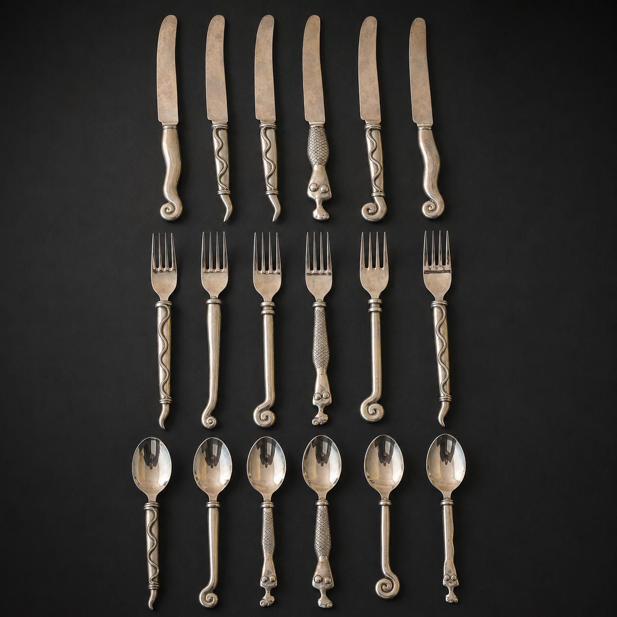Carrol Boyes Zeldzame 18-delige Bestekset uit 1989, Vroeg Pewter Functional Art Flatware, Zuid-Afrikaans Brutalistisch Sculpturaal Tafelgerei