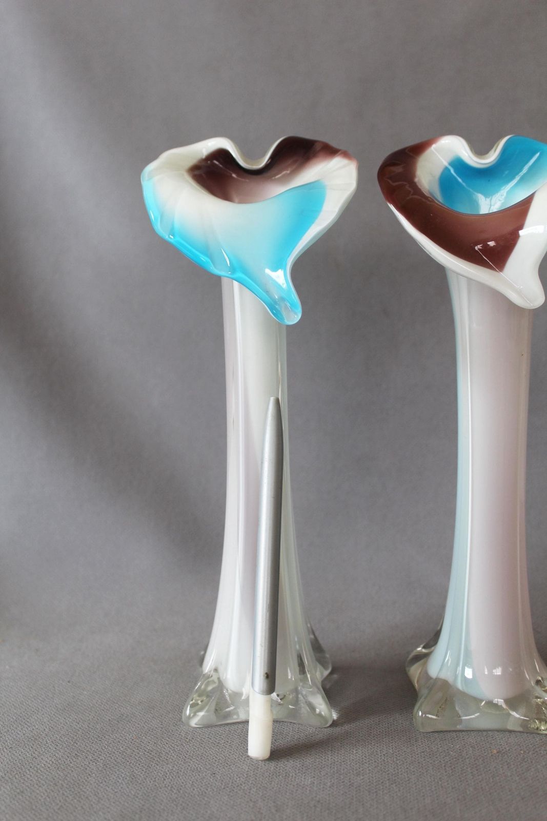 Set Of Two Vintage Jack In The Pulpit Art Glass Vase, Calla Lily, Cased Glass, Hand Made Hand Blown, Turquoise Brown White, Square Base photo vintage