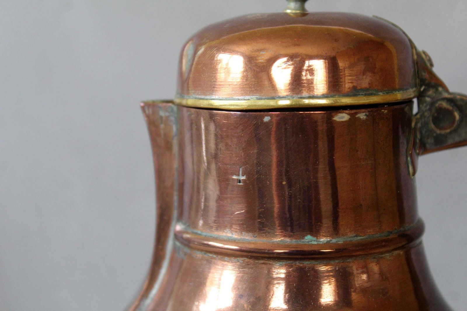 Antique Copper Pot Jug, Pitcher, Brass Finiial Top And Rim, Hammered Hand Made, French Country Farmhouse, 19th Century, Coquemar Kitchenalia photo vintage