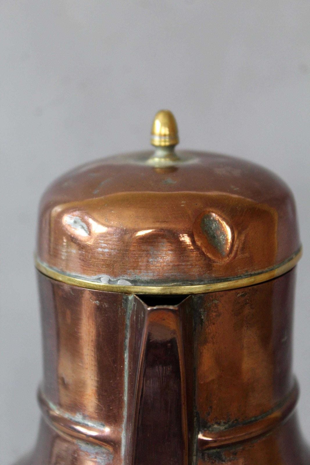 54.0 Antique Copper Pot Jug, Pitcher, Brass Finiial Top And Rim, Hammered Hand Made, French Country Farmhouse, 19th Century, Coquemar Kitchenalia photo