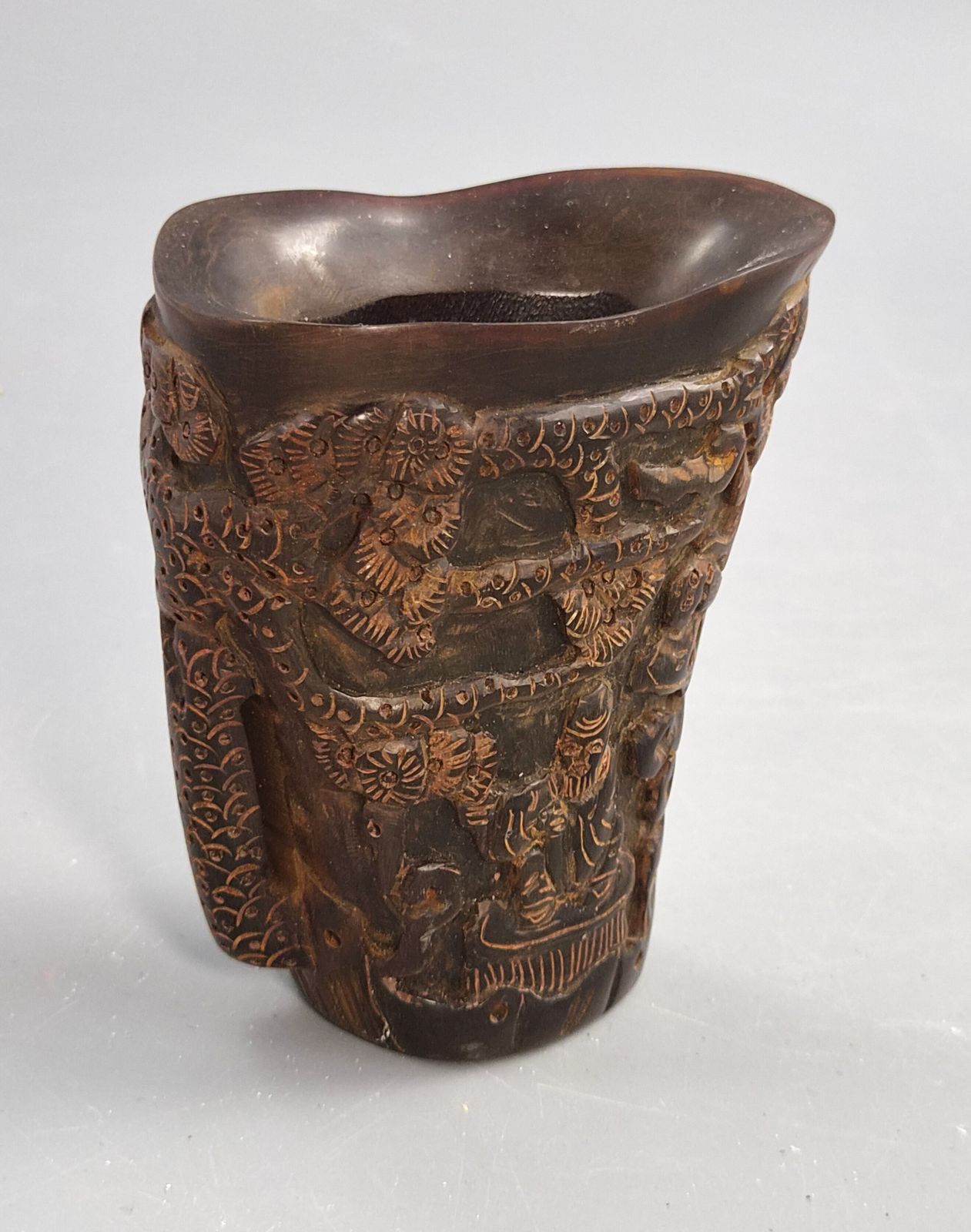 Antique Chinese Carved Water Buffalo Horn Libation Cup, Immortals And Pine, C.1880 photo for sale