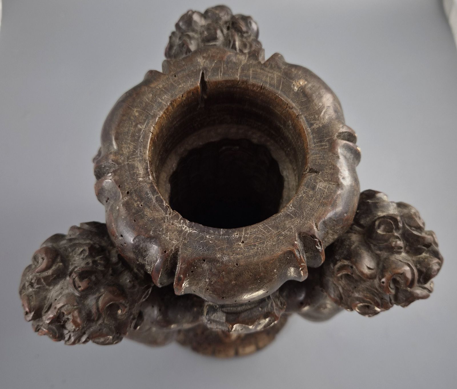 photo for sale Italian Baroque Carved Walnut Torchiere Base, Three Putti, Venetian, 17th 18th Century