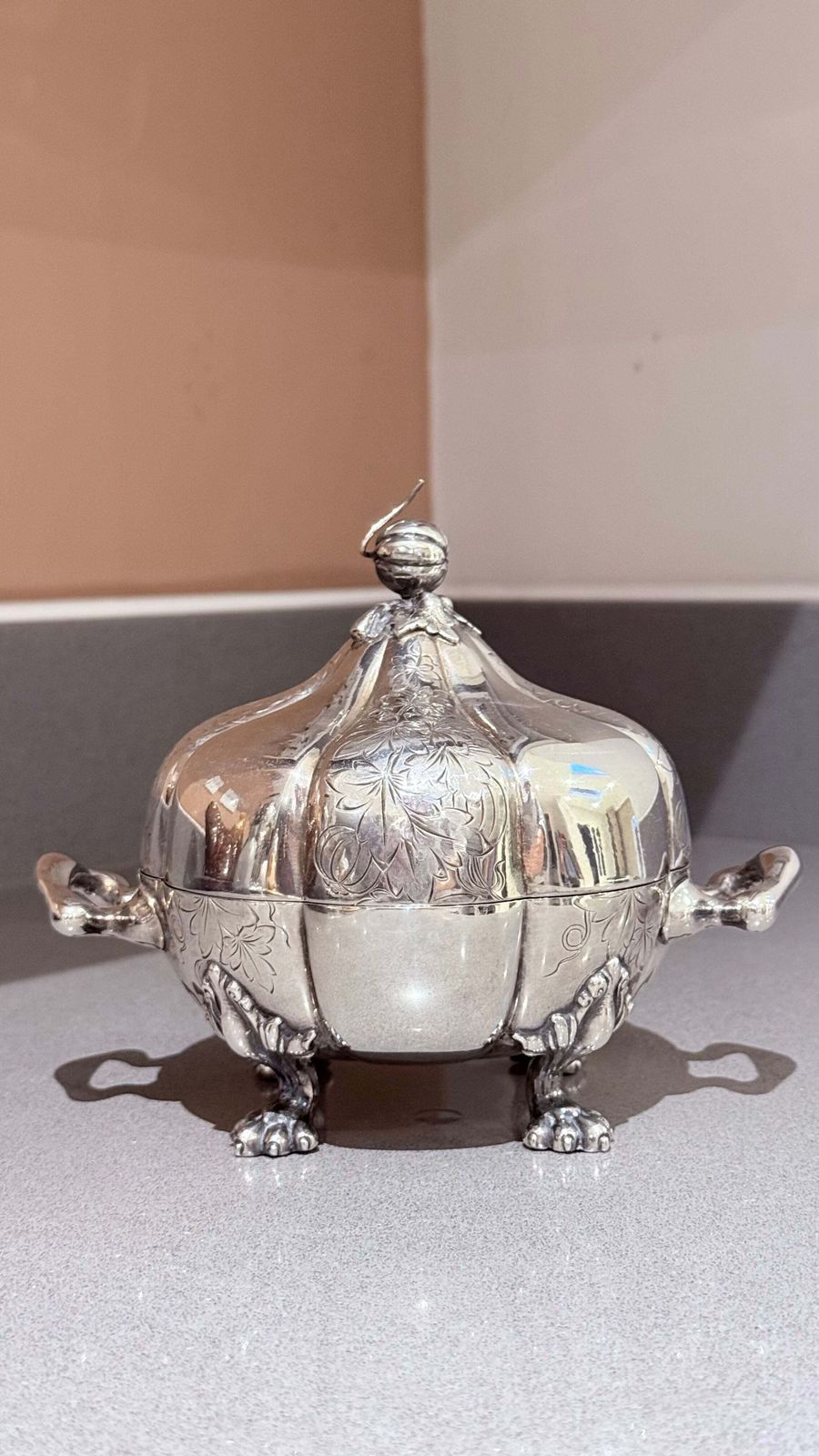 Antiek decoratief kaviaarschaal serveerset, zilveren quadruple plate deksel, lepel photo furniture