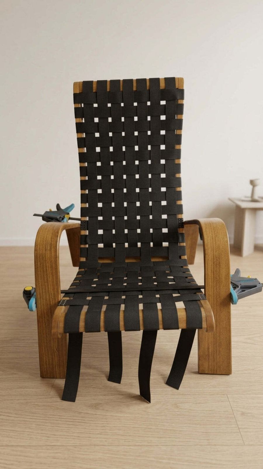 Paar Mid-Century Gevlochten Houten Fauteuils, jaren 1950, Tsjechoslowakije, 68 × 90 × 100 cm photo vintage