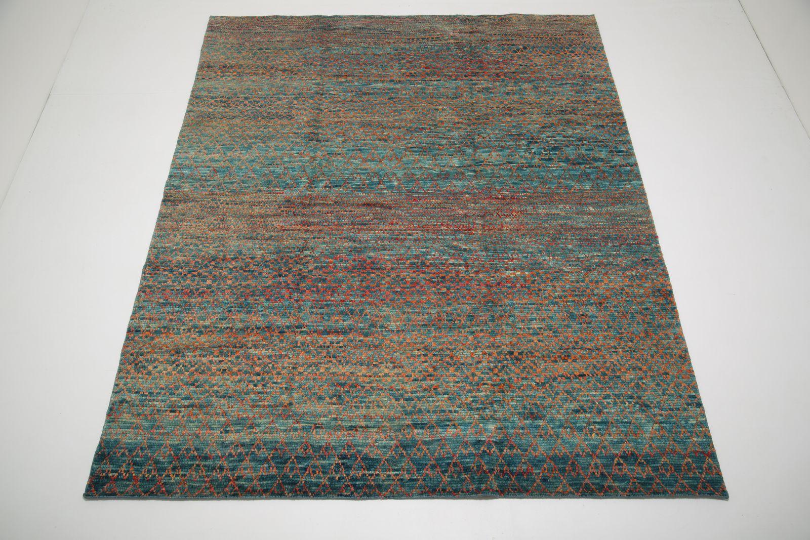 Hand Loomed Wool Area Rug, Teal And Terracotta, Contemporary, India (8'1" X 10'4") photo buy