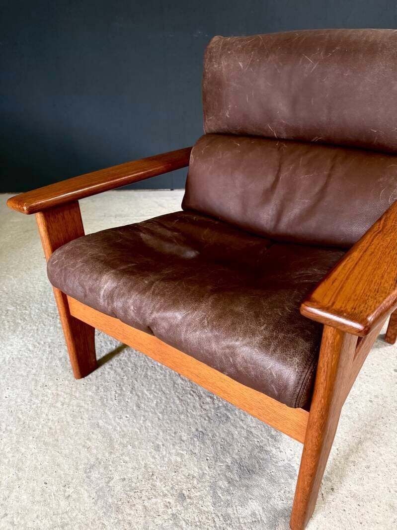 photo vintage 1960's Midcentury Modern Design Leather Teak Lounge Chair Set 1