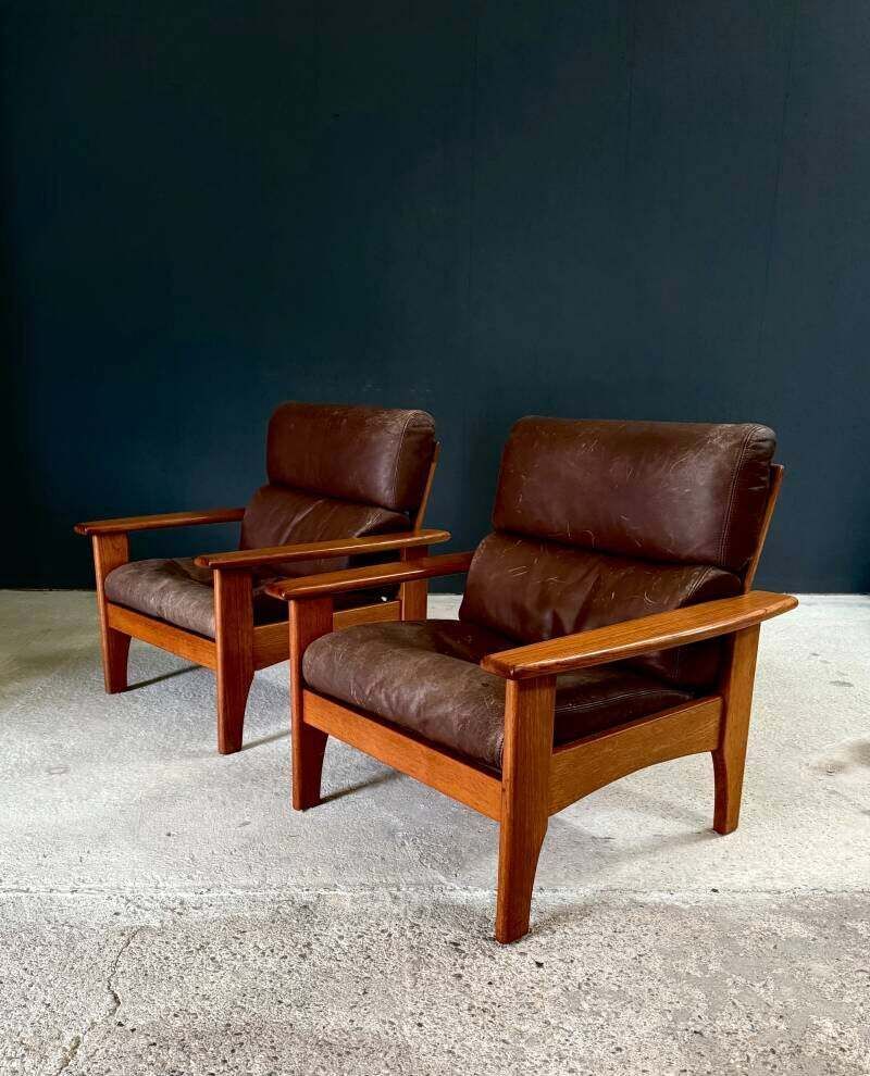 1960's Mid-Century Modern Design Leren Teakhouten Lounge Stoel Set 2 photo vinterior