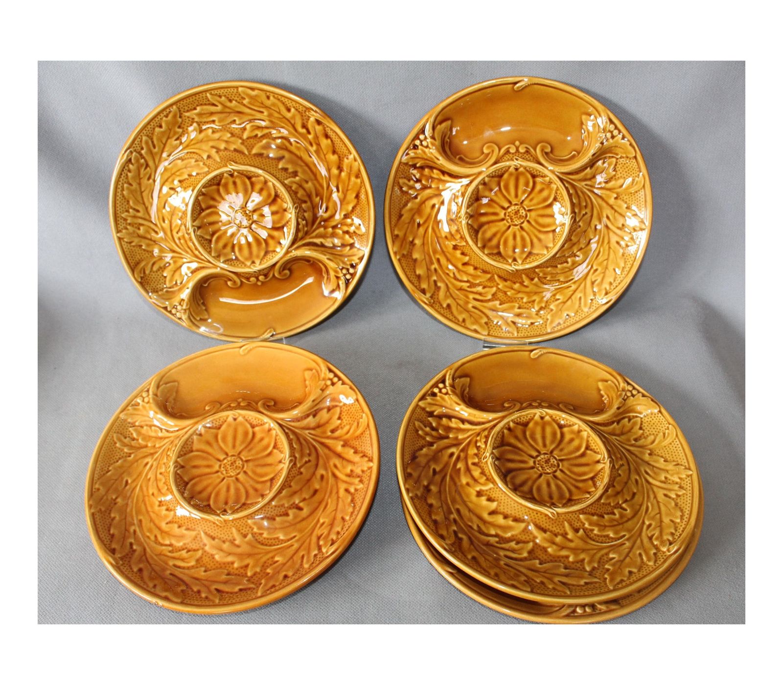 Set Of 6 Vintage French Gien Honey Brown Ceramic Majolica Artichoke Plates, Serving Platter, Divider Plates, 1960s Logo Gien France, Amber