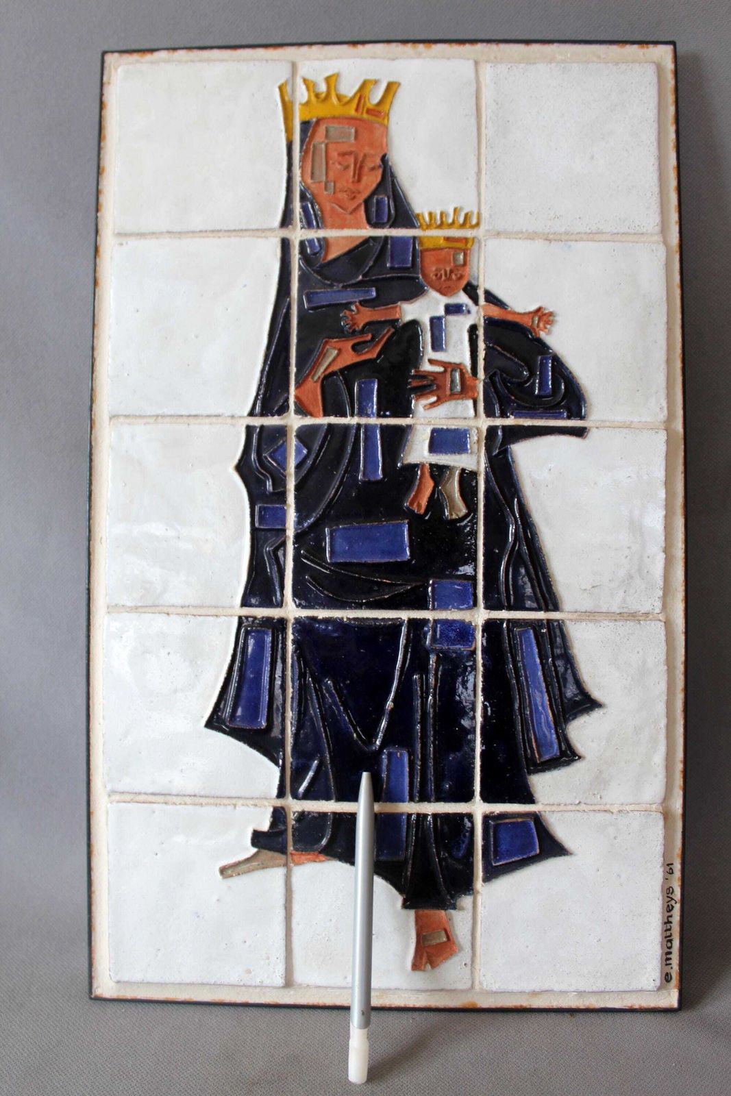 Large Vintage 1960s Stylized Ceramic Tile Art, Madonna And Child, Signed Mattheys, Studio Art, Relief Glazed, Abstract, Metal Frame photo for sale