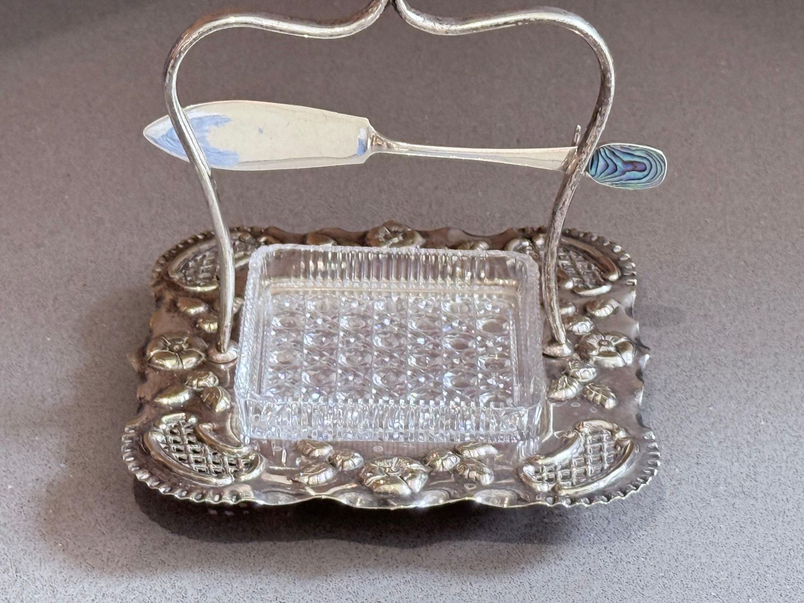 Art Deco Silver Plated Butter Dish With Cut Glass Crystal Butter Dish & Knife photo for sale