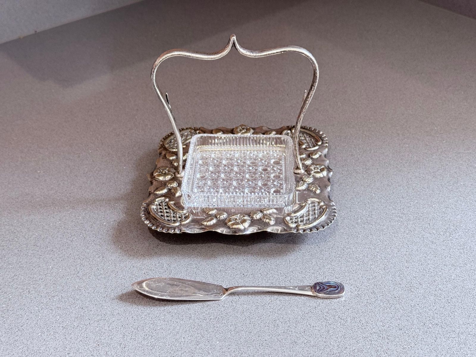 Art Deco Silver Plated Butter Dish With Cut Glass Crystal Butter Dish & Knife photo 367.0