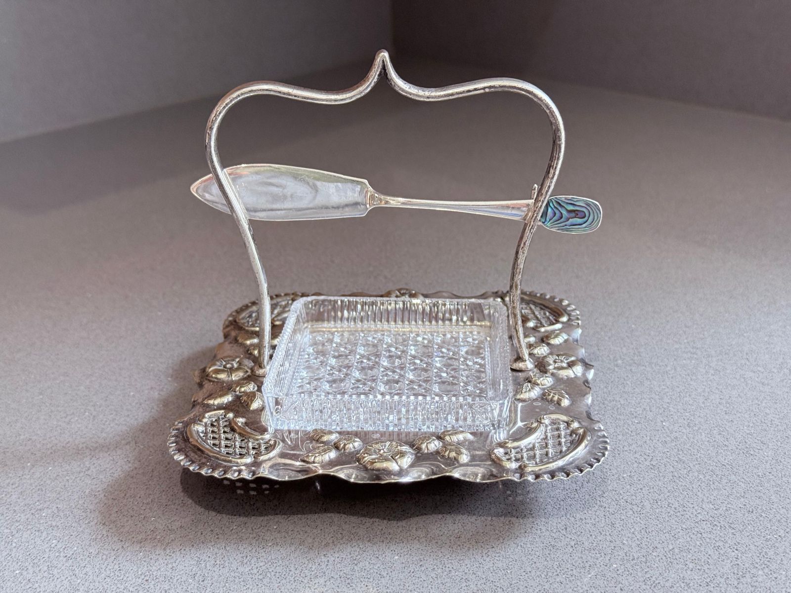 photo for sale Art Deco Silver Plated Butter Dish With Cut Glass Crystal Butter Dish & Knife