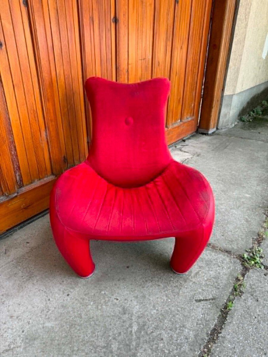 Vintage organische lounge fauteuil in rood fluweel van Leolux, jaren 1970