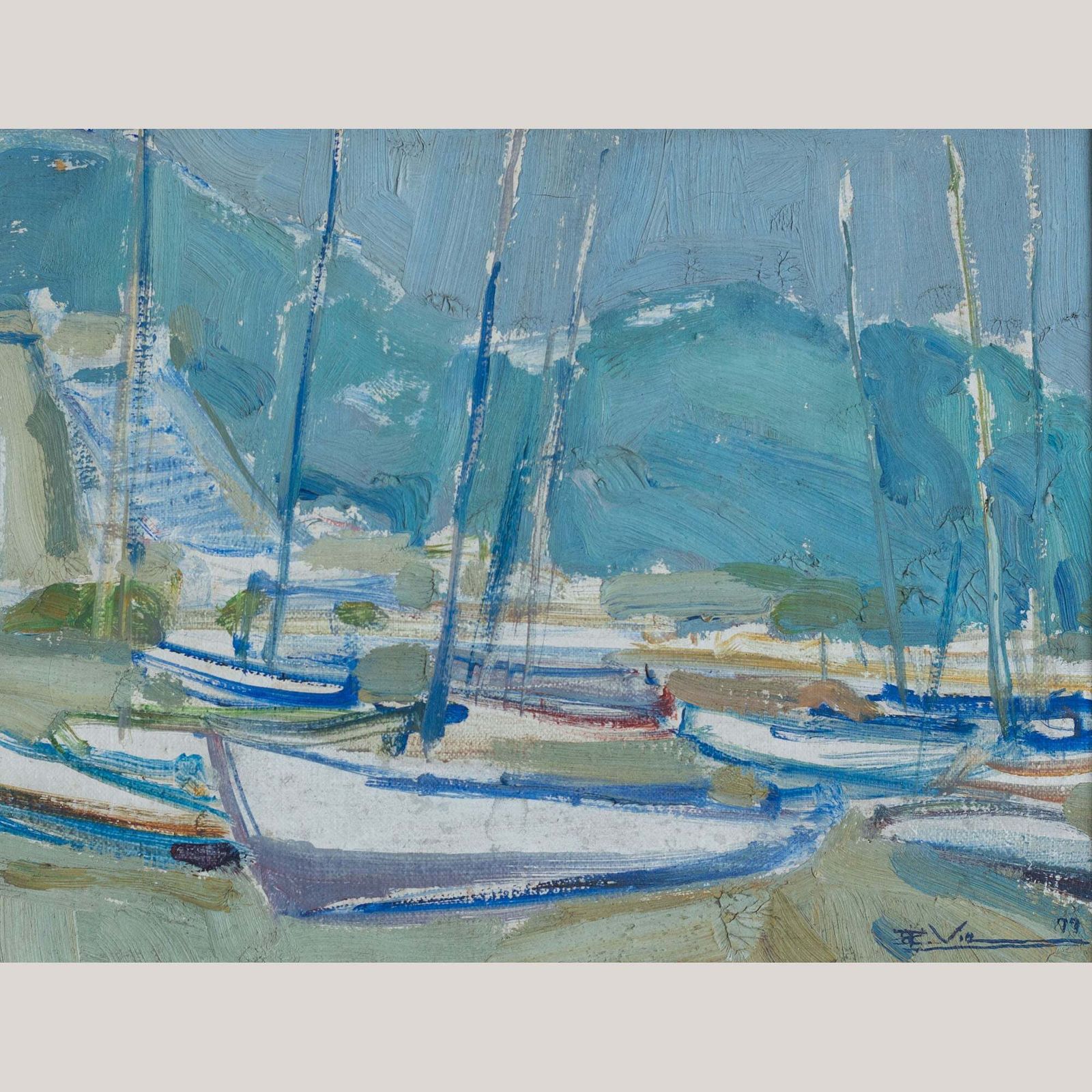Mid Century olieverfschets van boten in een haven, gesigneerd photo buy