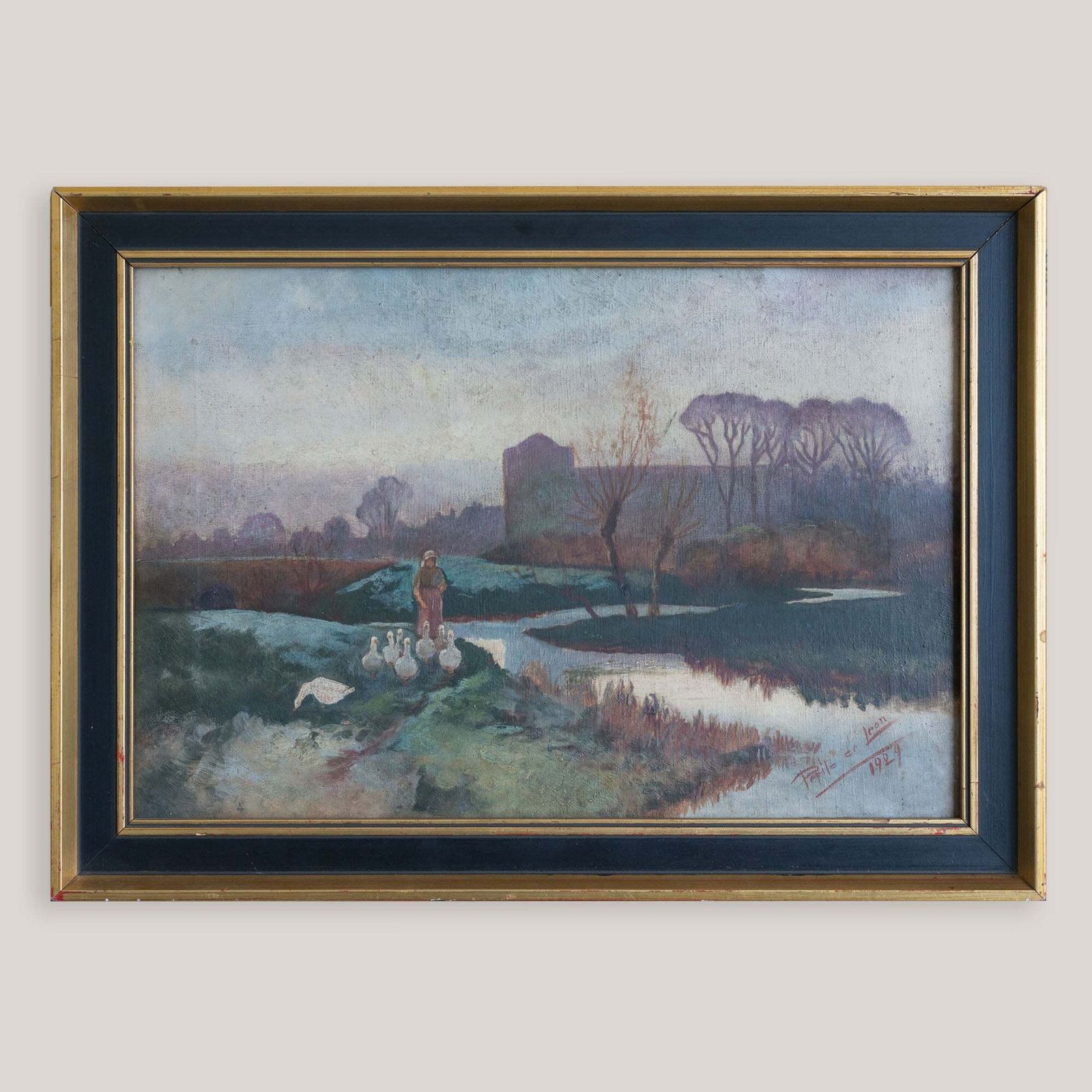 Lady Tending A Flock Of Geese At Dusk Or Dawn   Barbizon School Influenced