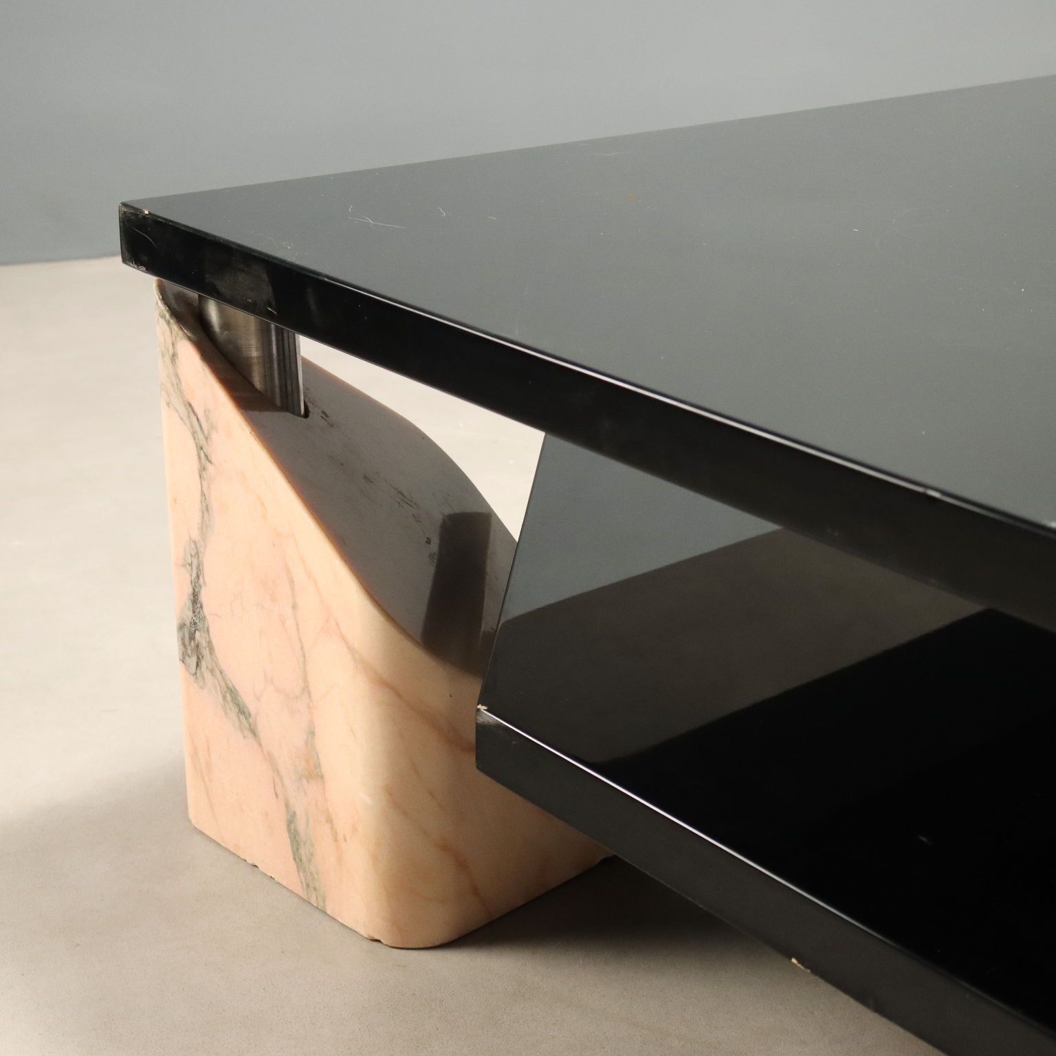 Vintage Coffee Table Pink Marble Lacquered Wood Design 1970s photo vintage