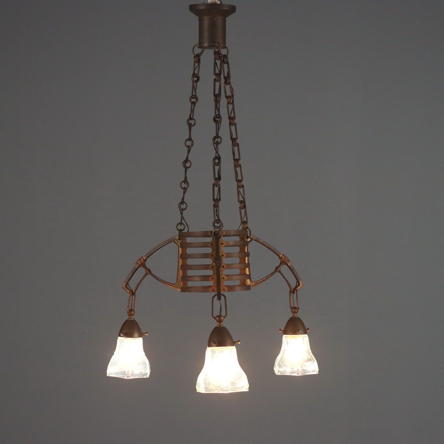 Hanglamp Art Nouveau Metaal Glas Italië Begin 20e Eeuw