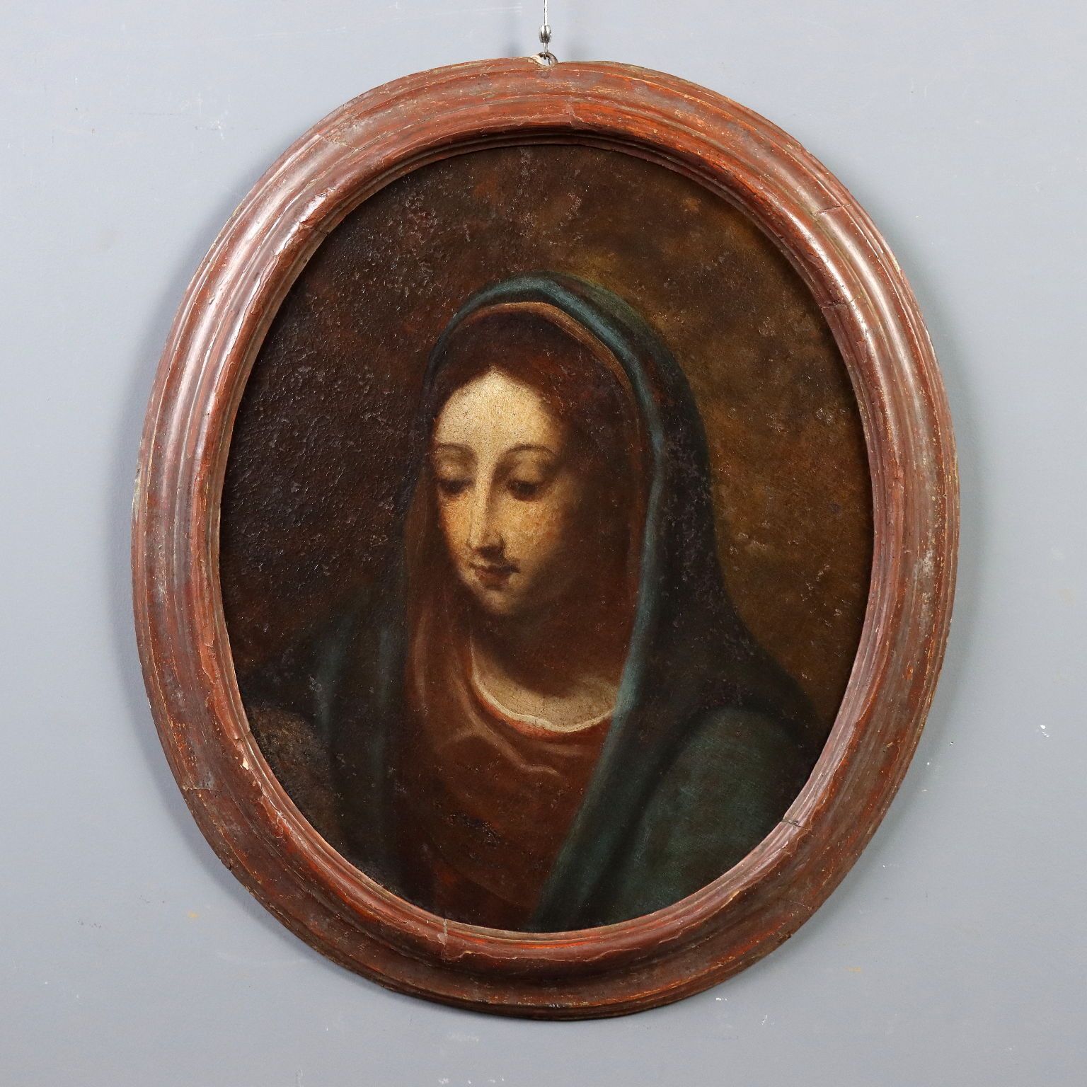 Antiek schilderij De Maagd Maria, olieverf op doek, 17e-18e eeuw