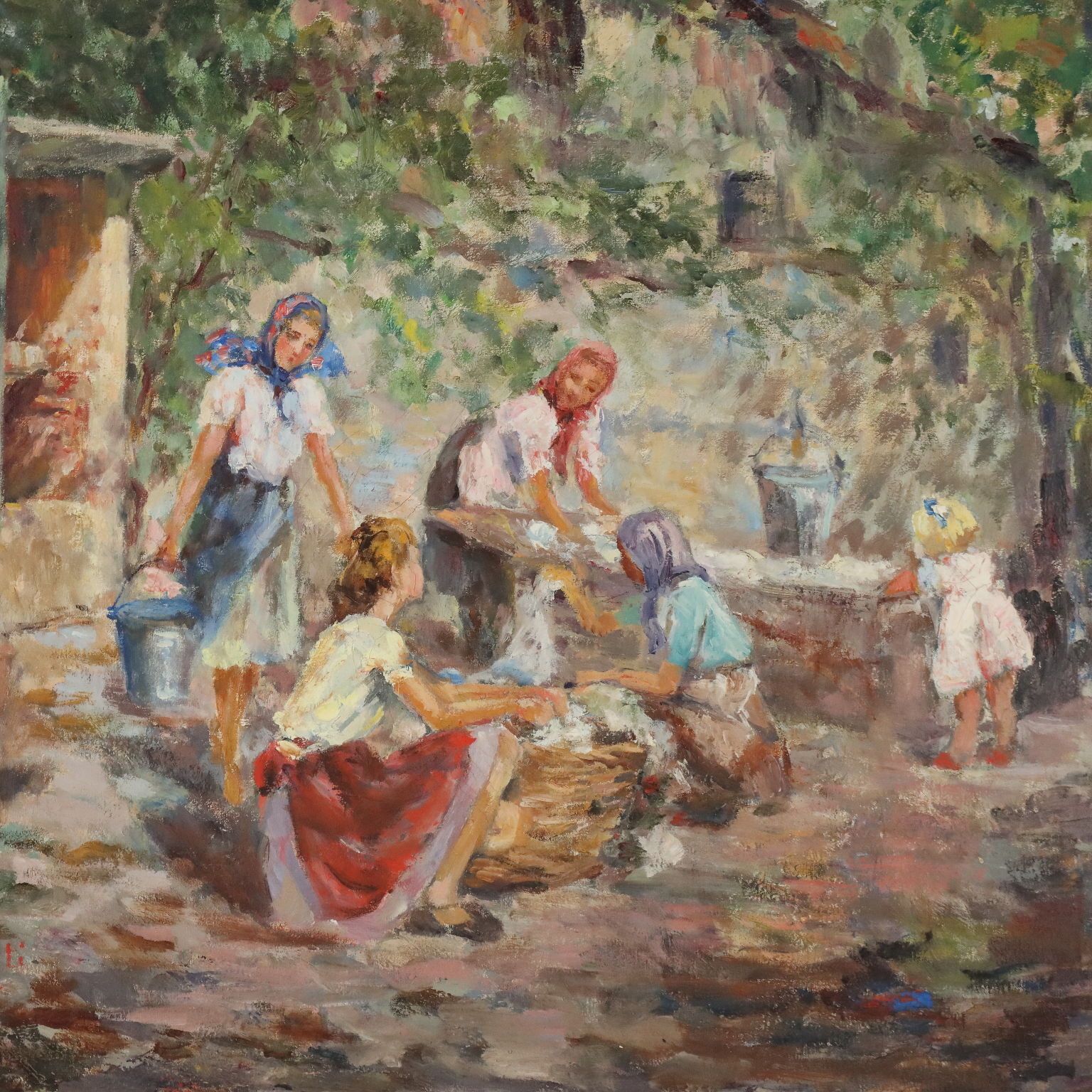 Peinture moderne, scène de lavoir avec femmes, XXe siècle photo for sale
