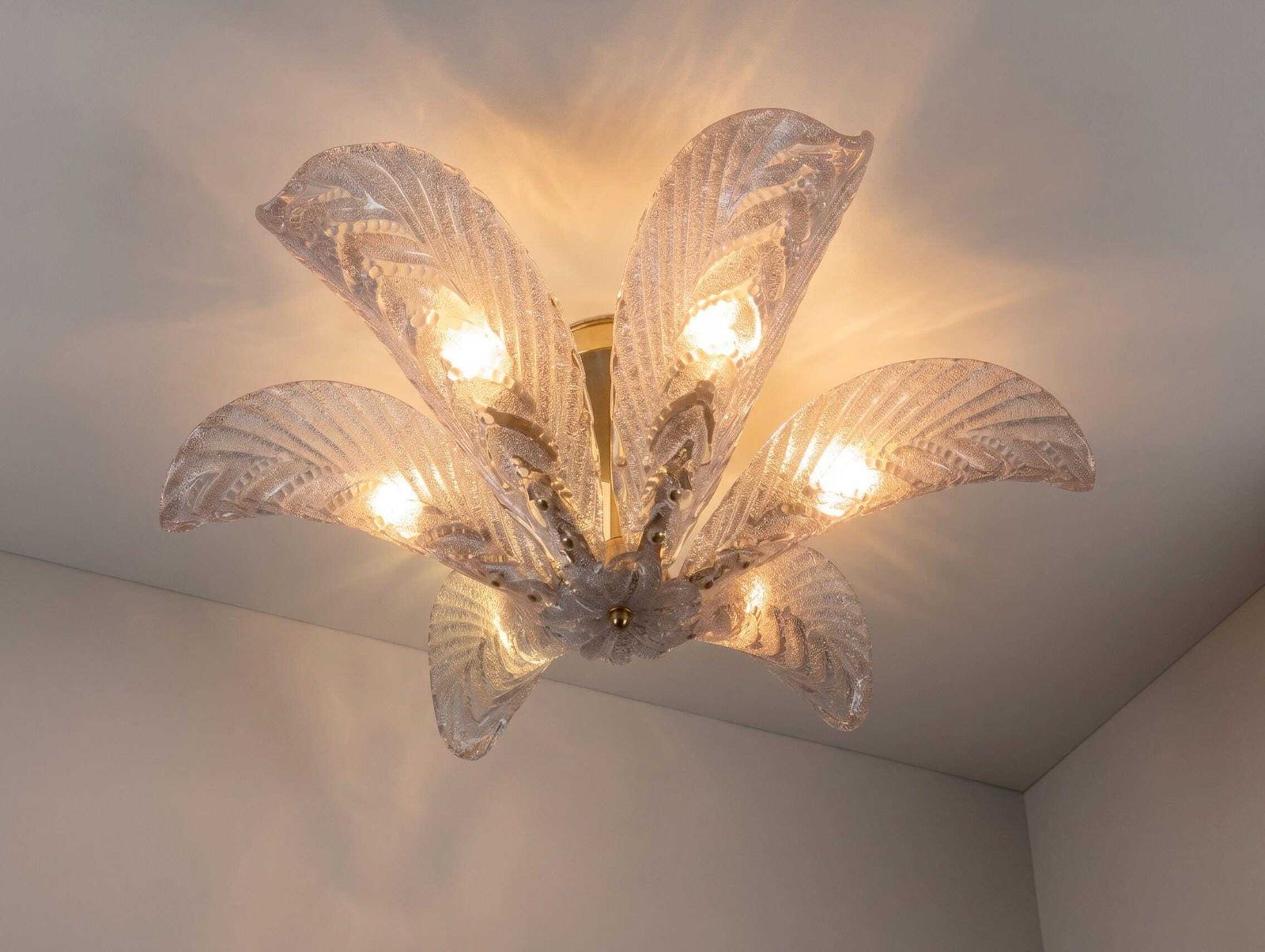 Large Mazzega Murano Glass Palm Leaf Ceiling Light, Art Deco Style, Italy 1960s photo furniture