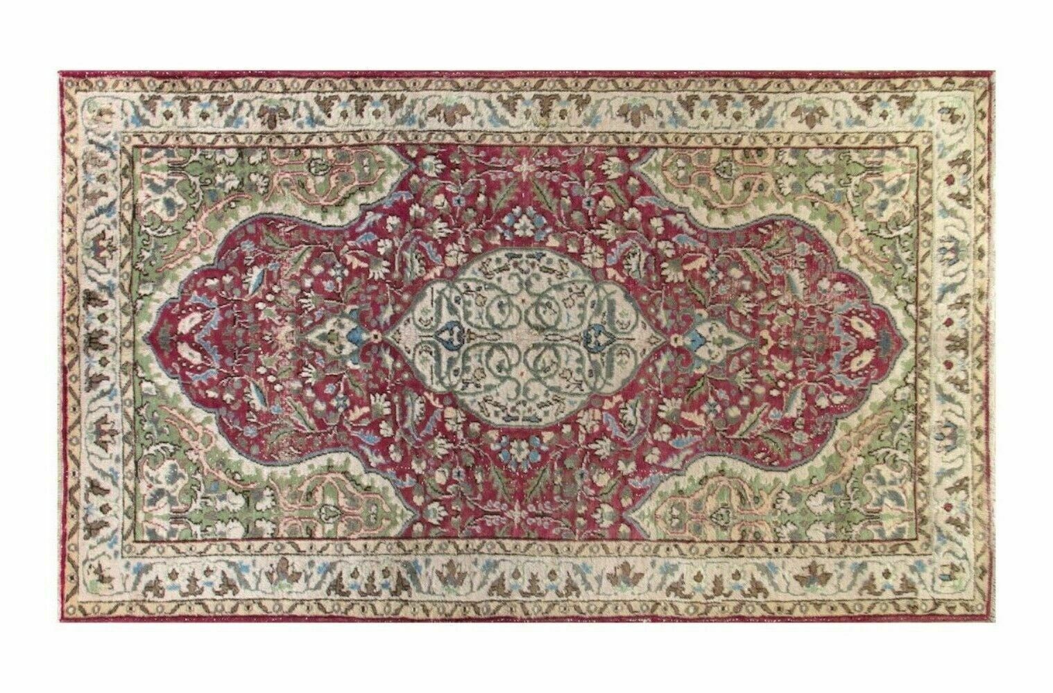 Vintage Oriental Rug In Red And Green. Handknotted Wool Carpet photo Textiles