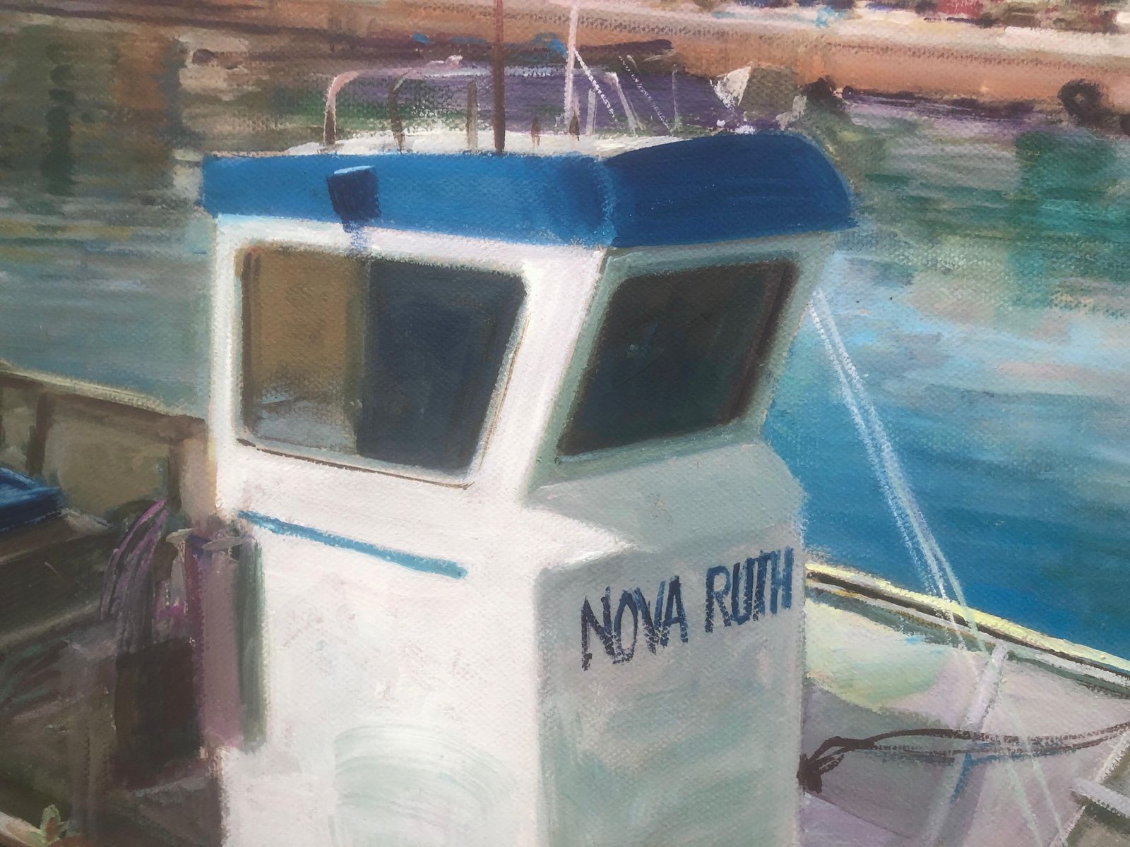 Domingo Alvarez Gomez Spaans fotorealistisch schilderij, vissersboot in Middellandse-Zeehaven, olieverf op doek, ca. 2000 photo Kunst