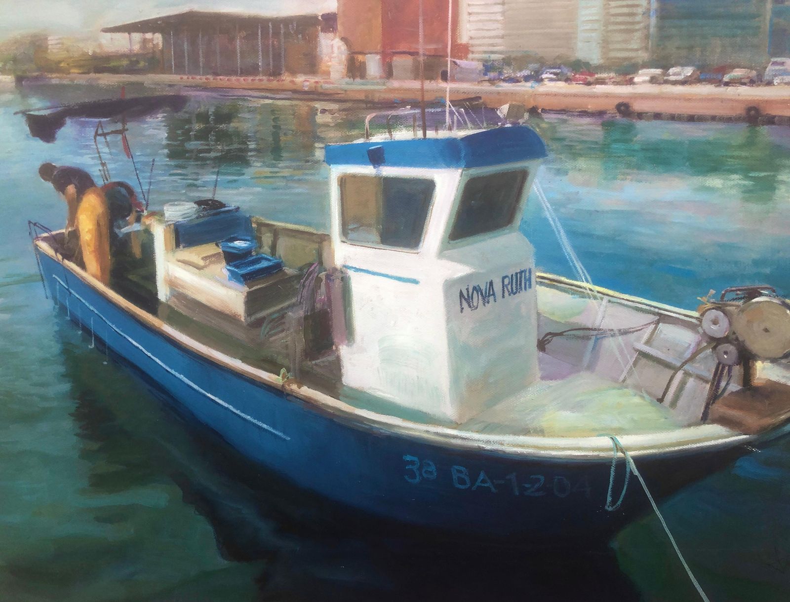 Domingo Alvarez Gomez Spaans fotorealistisch schilderij, vissersboot in Middellandse-Zeehaven, olieverf op doek, ca. 2000 photo buy