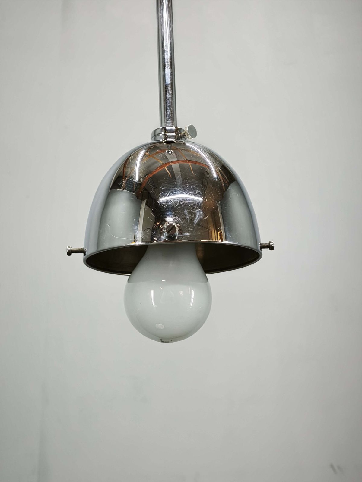 Suspension Art déco Bauhaus en verre opaline et chrome, années 1930 photo for sale