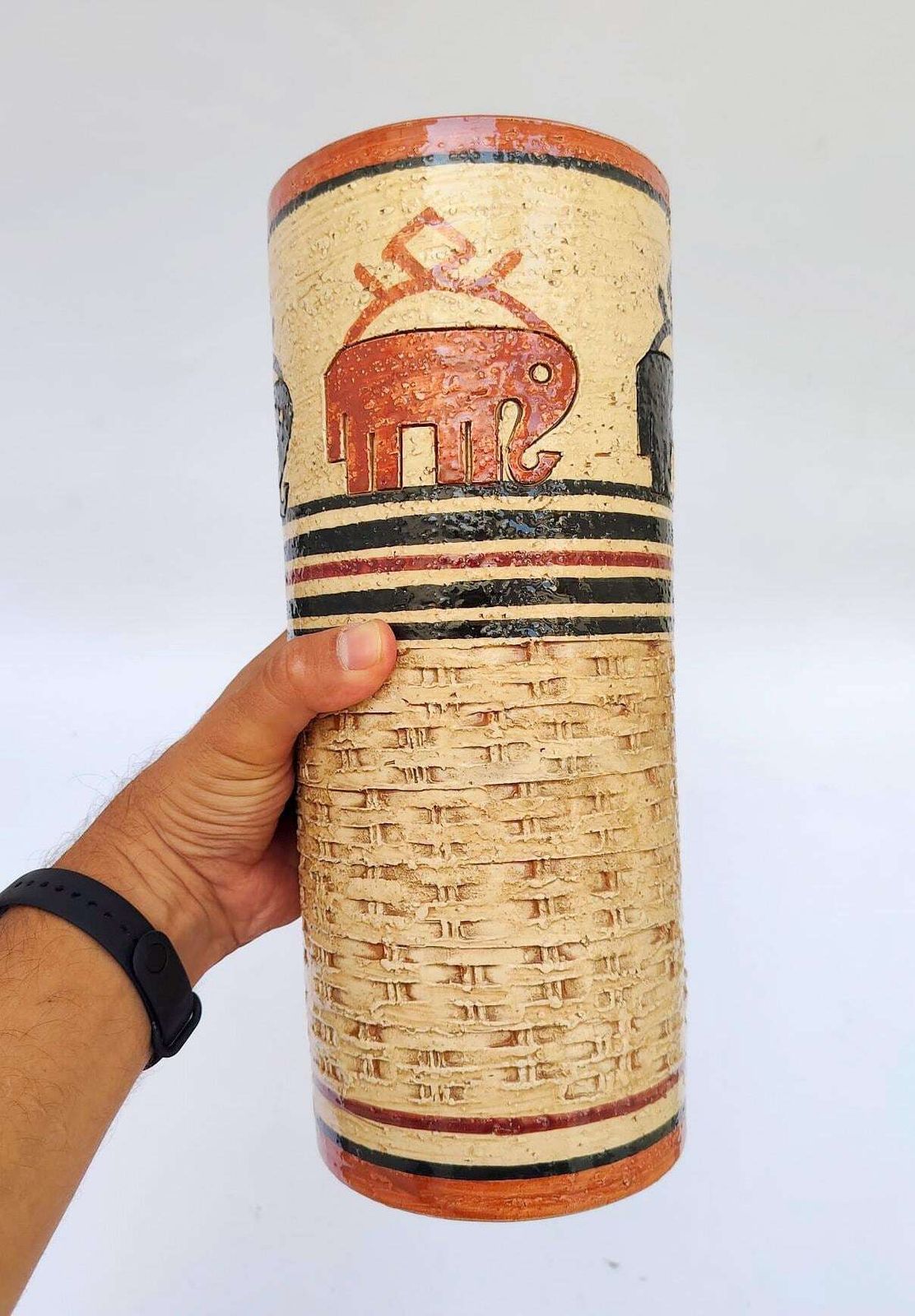 Bitossi Cylindrical Ceramic Vase With Beige And Red Elephants, Rosenthal Netter, Vintage, 1970s photo Home Decor