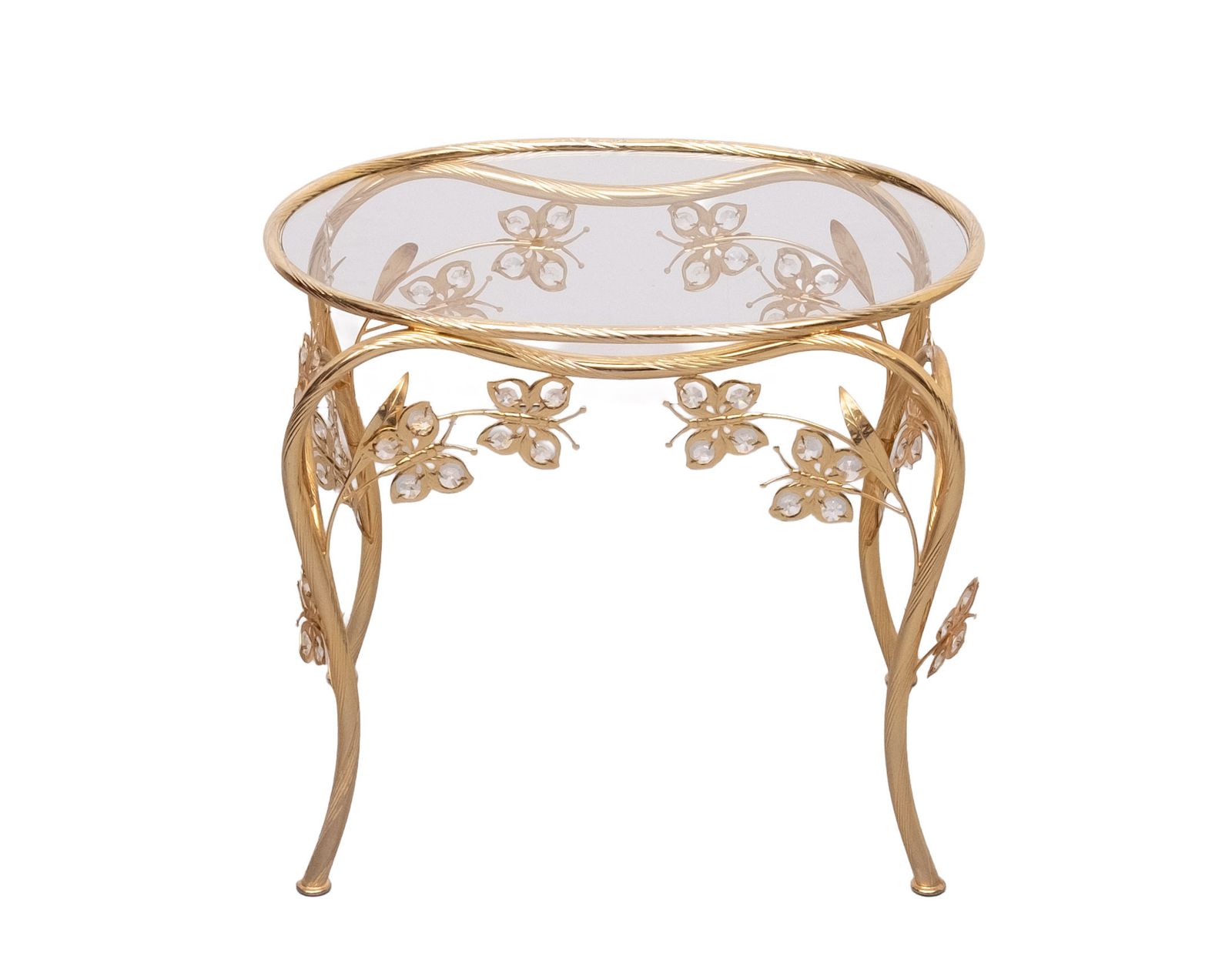 Butterfly, messing en kristal, ovale bijzettafel, Hollywood Regency, jaren 1980 photo for sale