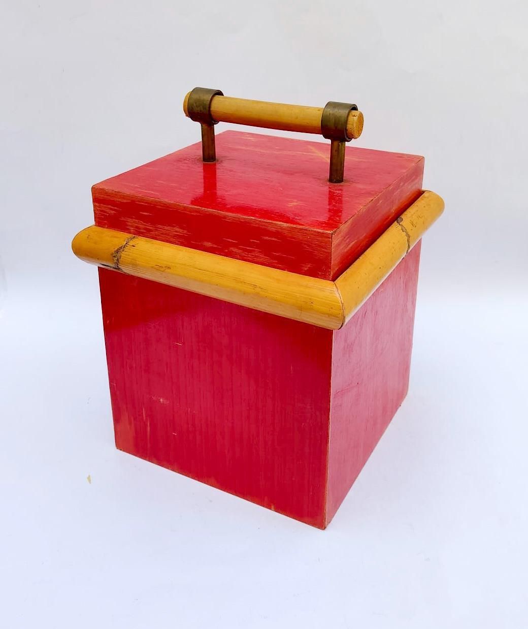 Seau à glace en bambou, design Mid-Century vintage, anse rouge et beige