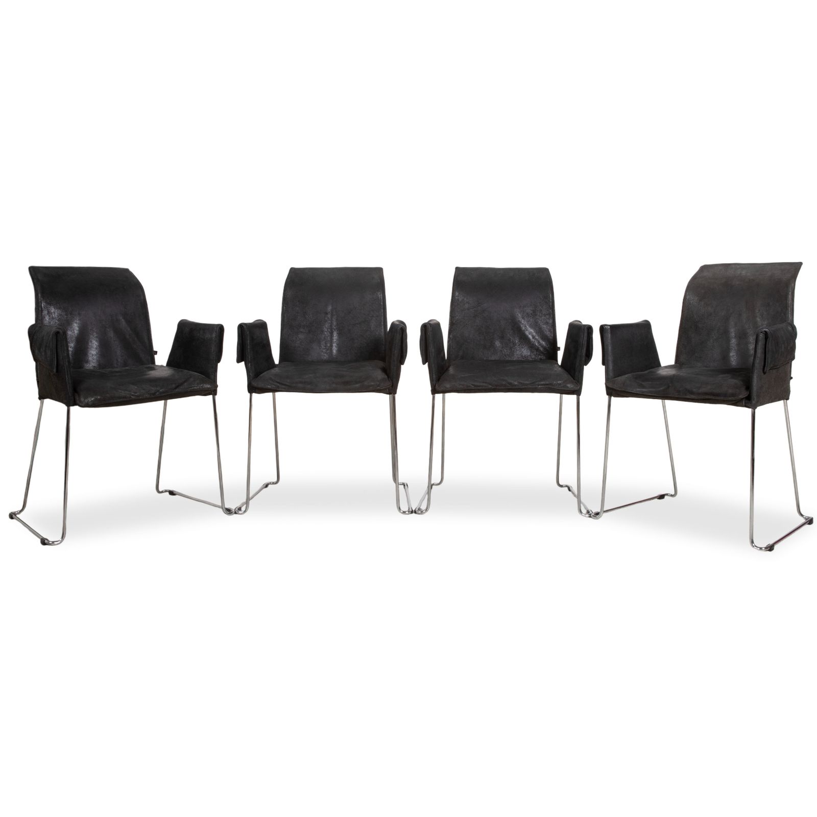 Kff Mexico Leather 4 Piece Chair Set Black Anthracite Chrome