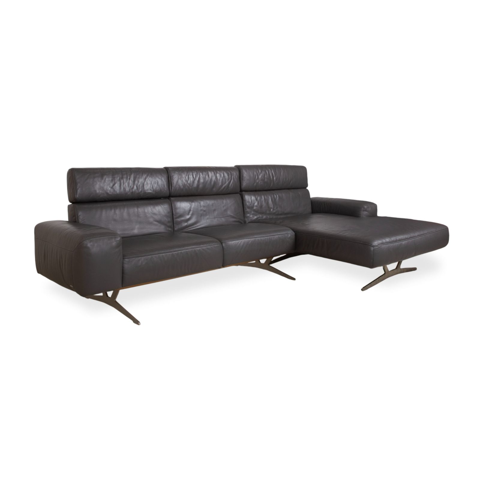 Koinor Monroe Leather Corner Sofa Grey Anthracite Wood Brown Chaise Lounge Right Manual Function photo for sale