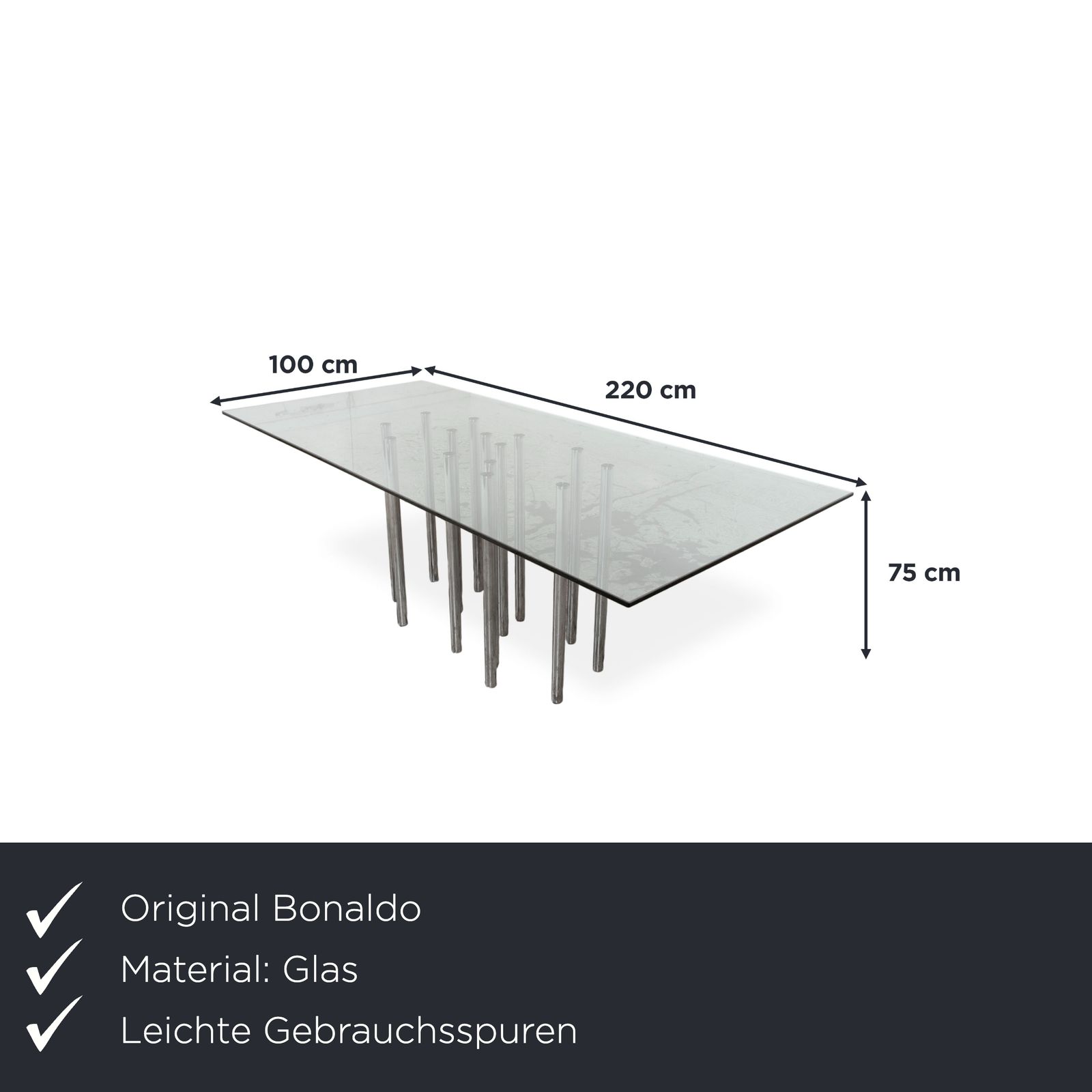 Table à manger Bonaldo Mille en verre, chrome argenté, 220 x 100 cm photo furniture