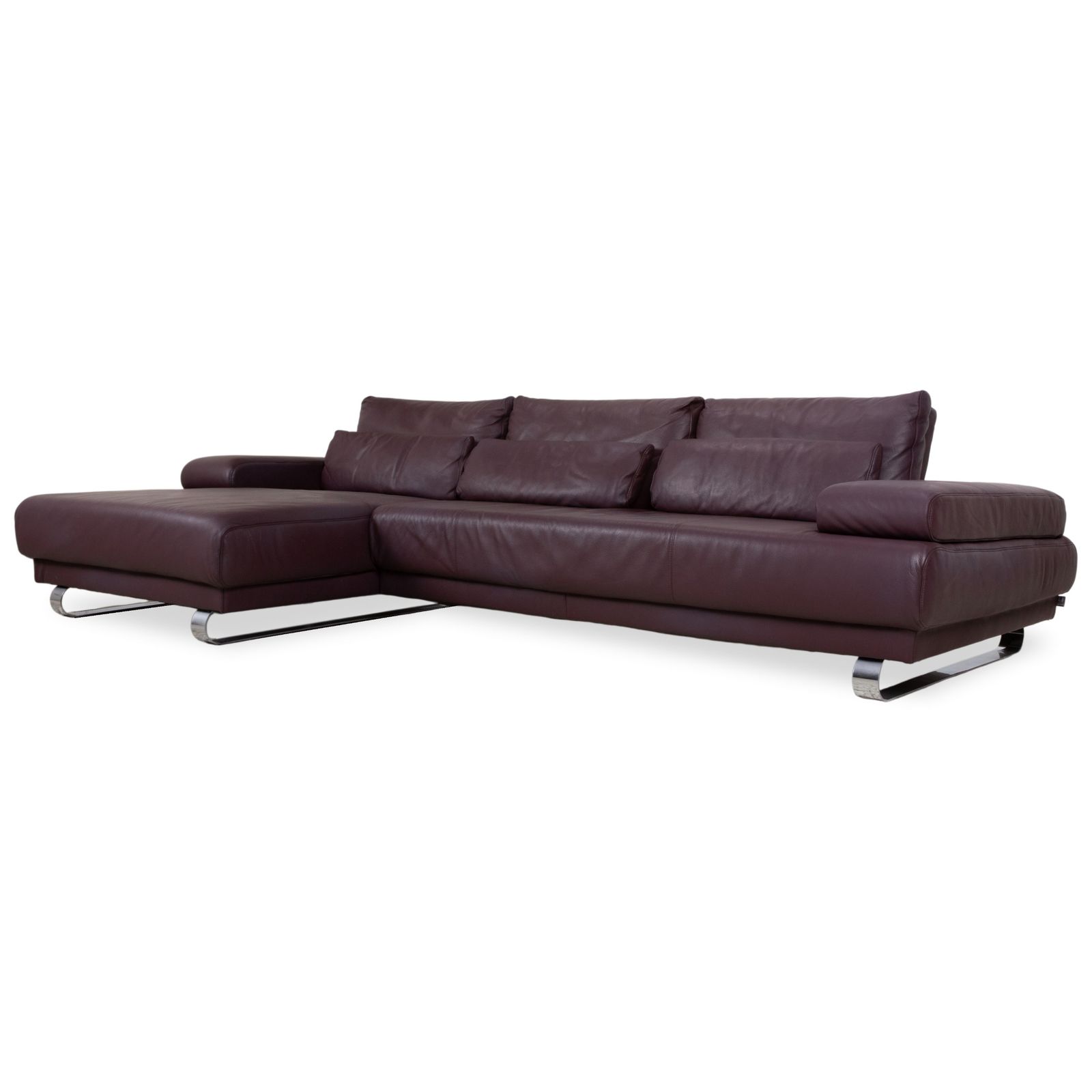 Canapé d'angle Ewald Schillig Harry en cuir et chrome, bordeaux aubergine, fonction manuelle