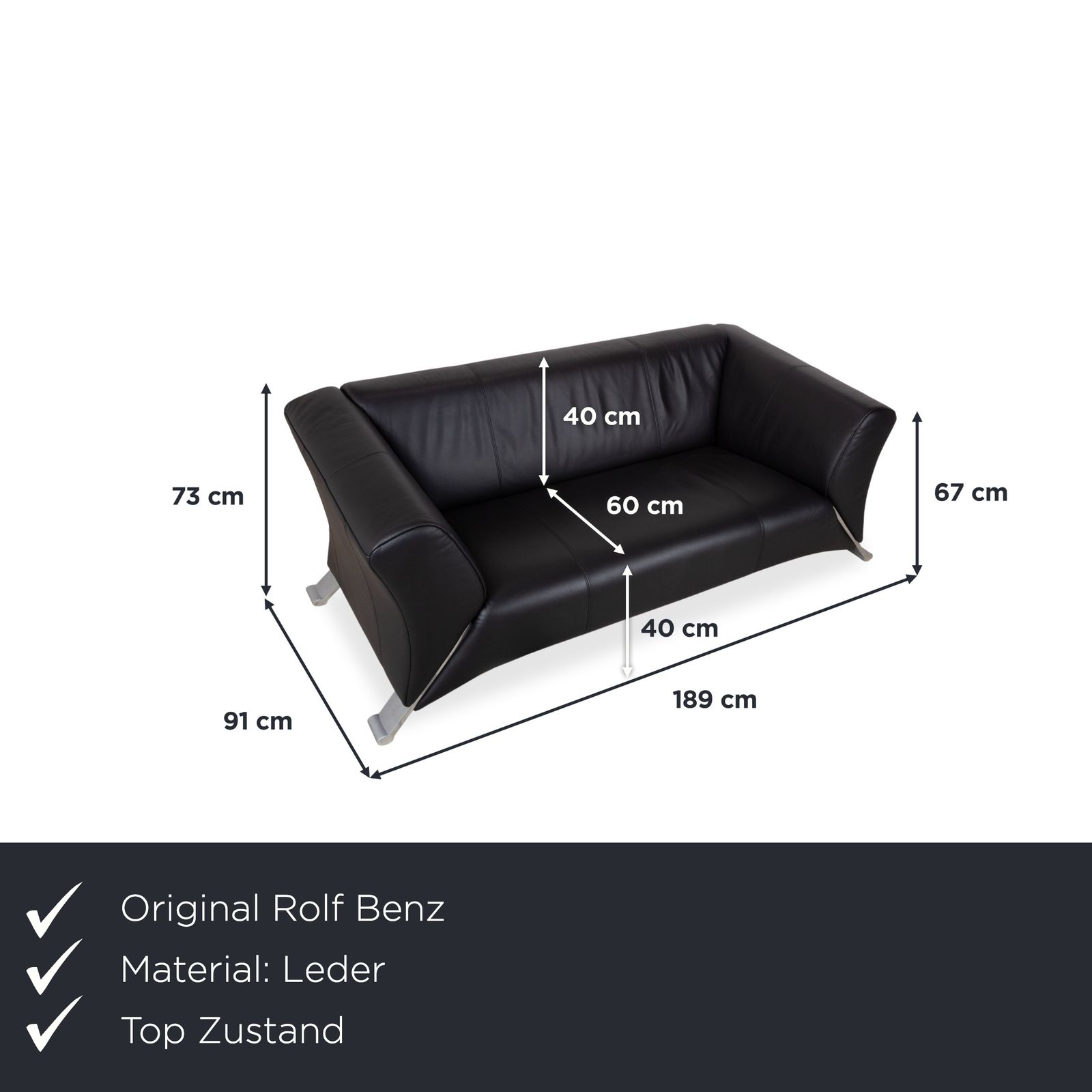 Rolf Benz 322 Leer Metaal Tweezitsbank Zwart photo furniture