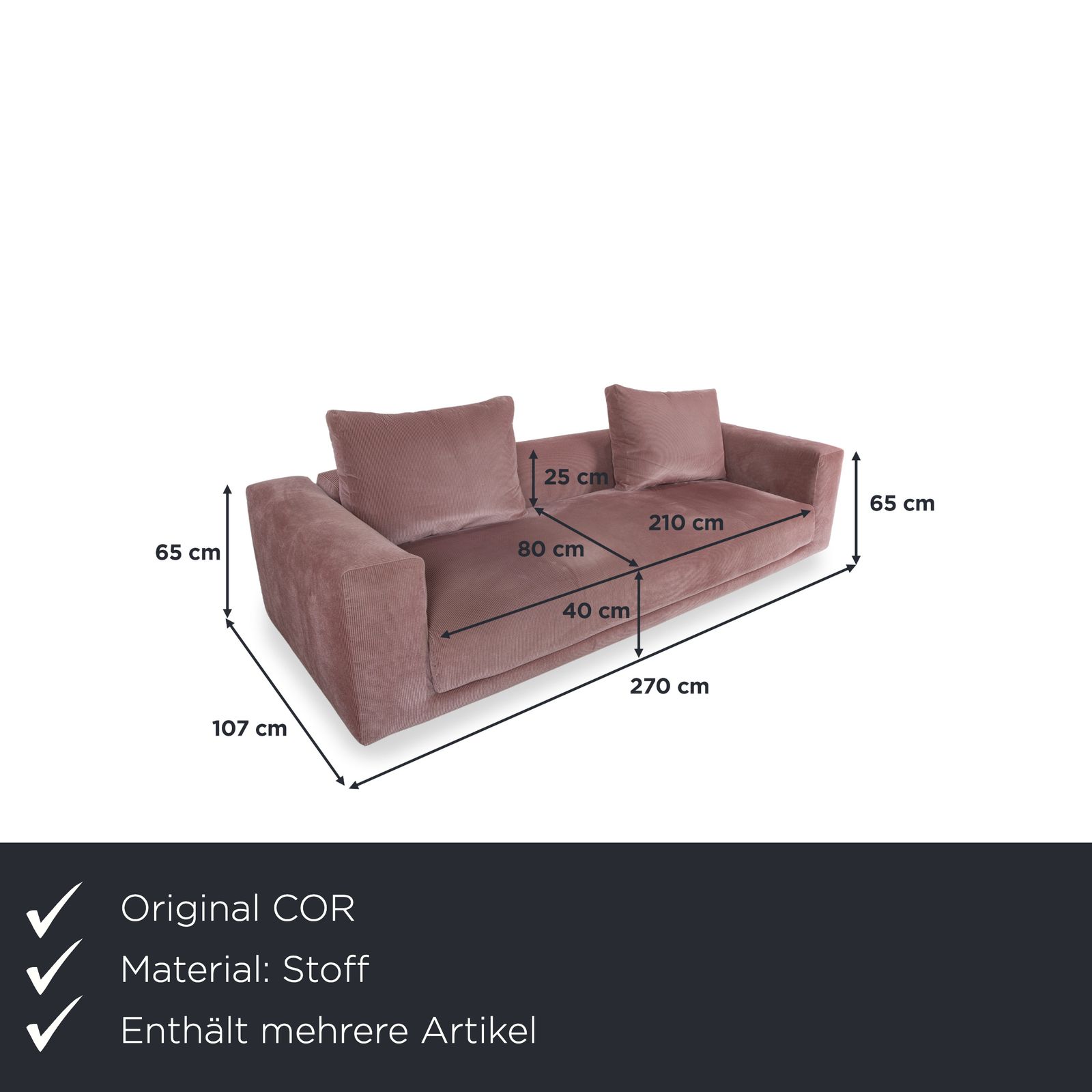 Canapé 3 places COR Moss en tissu velours côtelé rose mauve, avec ottoman photo furniture