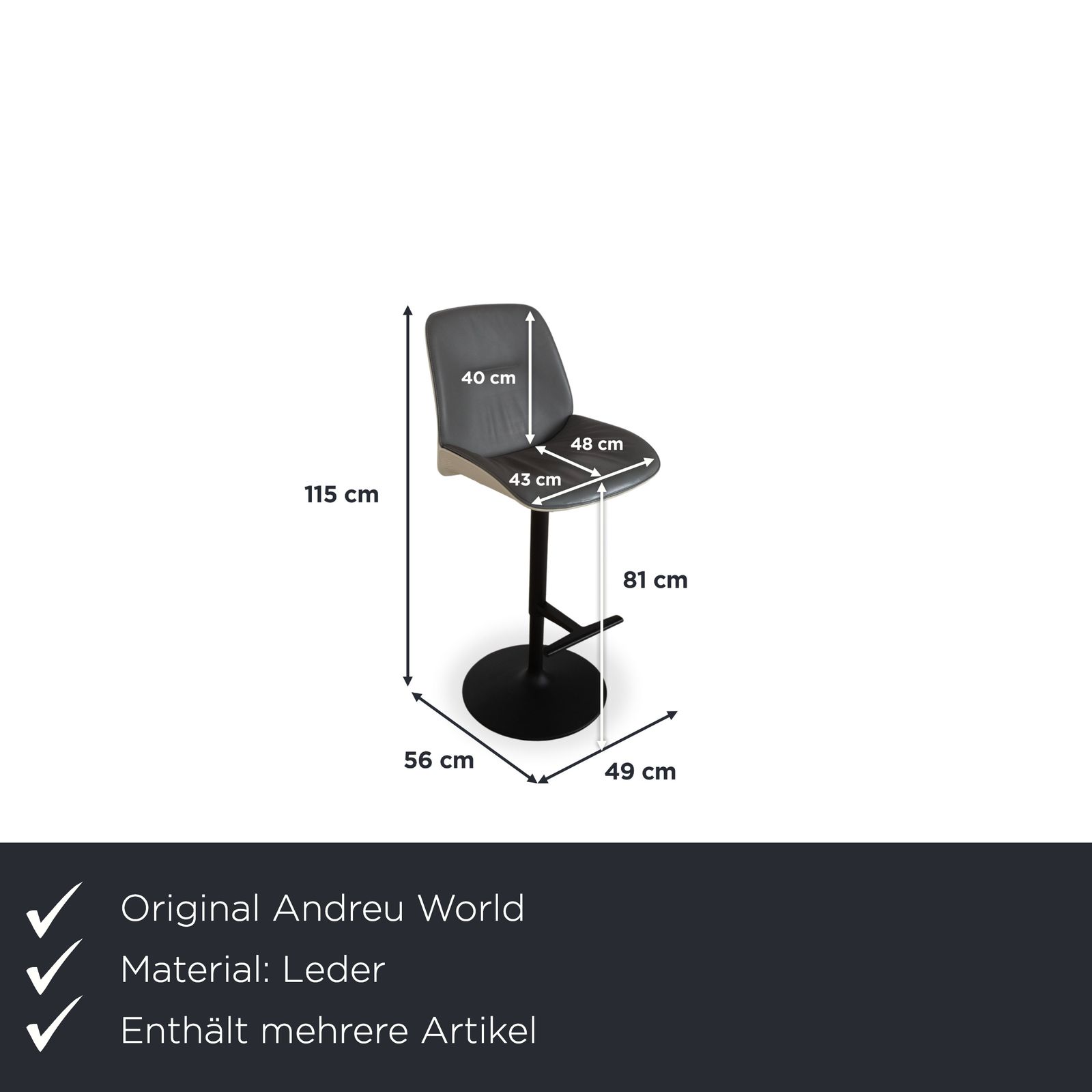 Lot de 8 tabourets de bar Andreu World Nuez en cuir gris, réglage manuel, par Patricia Urquiola photo furniture