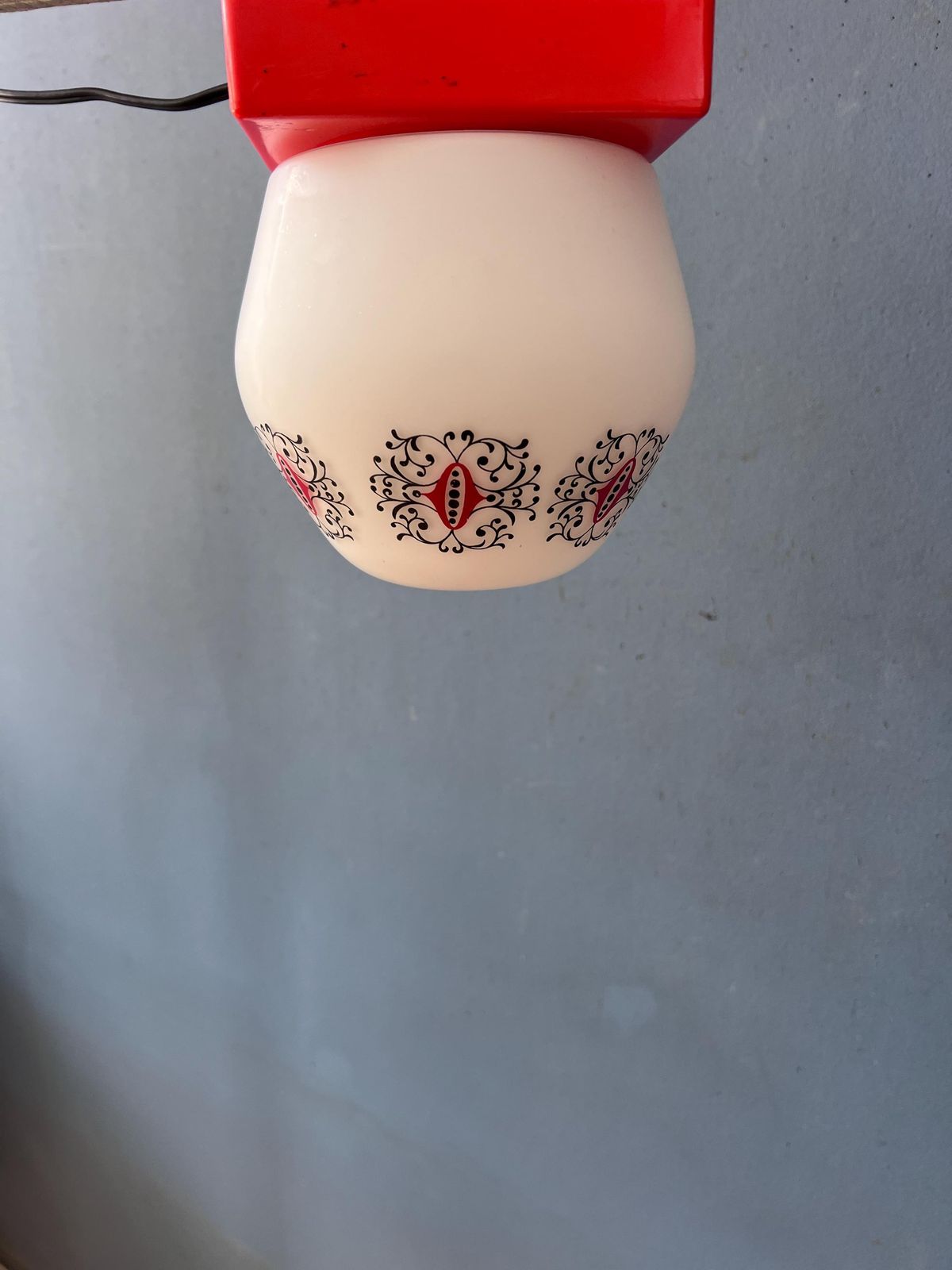 Vintage opaline glazen Thabur plafondlamp met oranje plafondrozet photo for sale