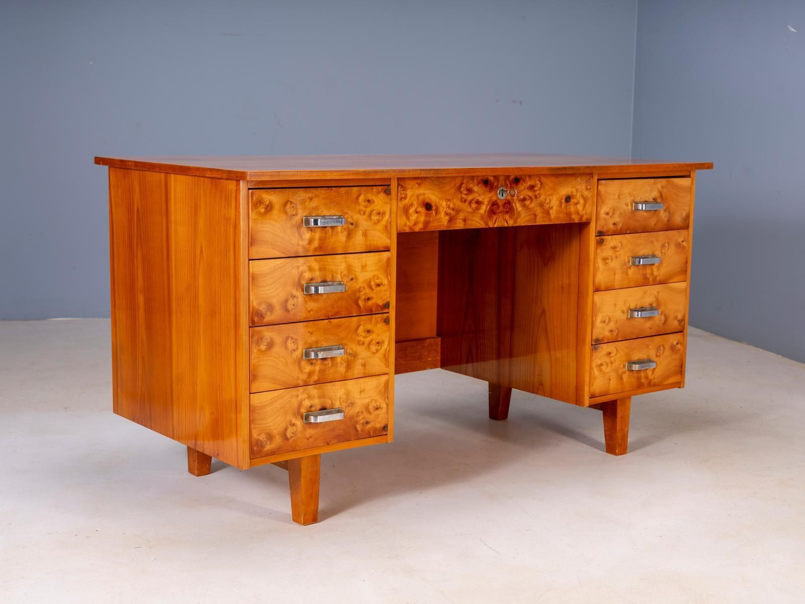 Mid-Century schrijfbureau met wortelhoutfineer en acht lades, Tsjecho-Slowakije photo for sale