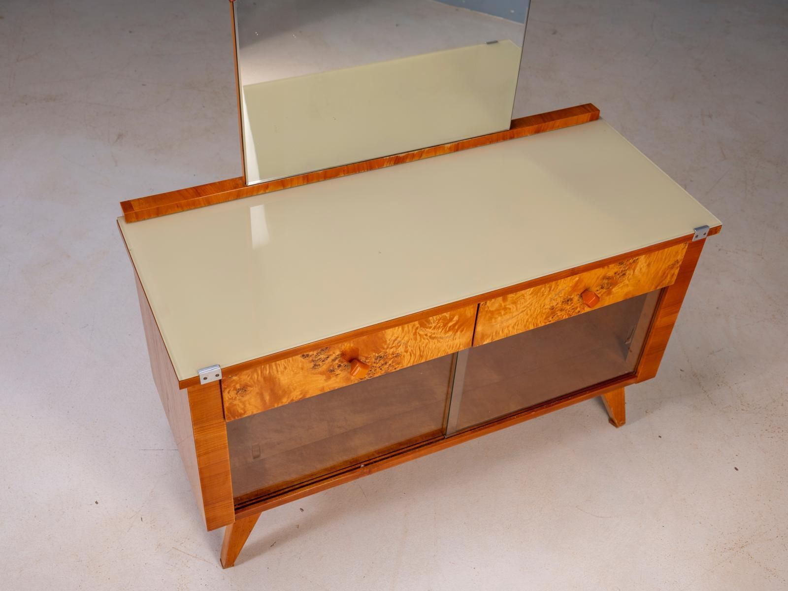 Meubels Vintage kaptafel met wortelhoutfineer, grote spiegel en opbergkasten, midden 20e eeuw, Tsjechoslowaaks, 38 x 82 x 53 cm photo